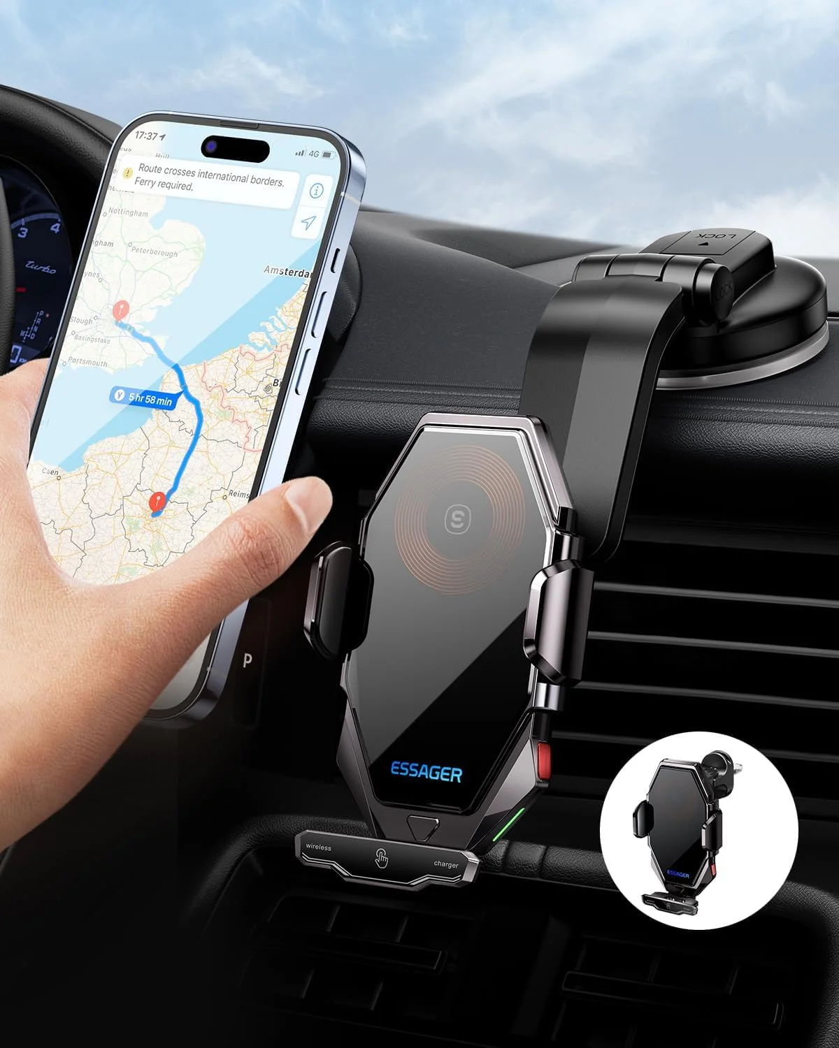 نگهدارنده گوشی موبایل خودرو با قابلیت شارژ، 15 وات القایی، دریچه هوا + مکنده، دکمه لمسی + مکانیکی، عملکرد شارژر بی سیم سریع Qi، شارژ القایی خودرو، برای آیفون، سامسونگ