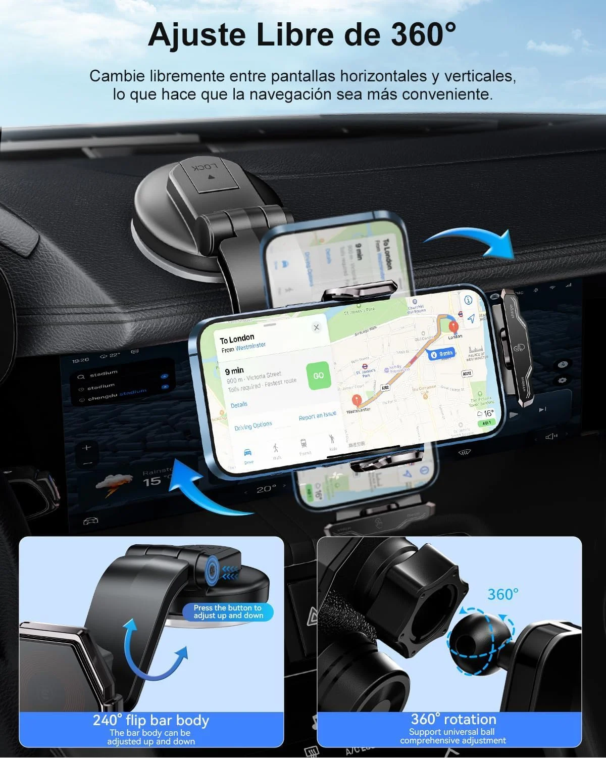 نگهدارنده گوشی موبایل خودرو با قابلیت شارژ، 15 وات القایی، دریچه هوا + مکنده، دکمه لمسی + مکانیکی، عملکرد شارژر بی سیم سریع Qi، شارژ القایی خودرو، برای آیفون، سامسونگ