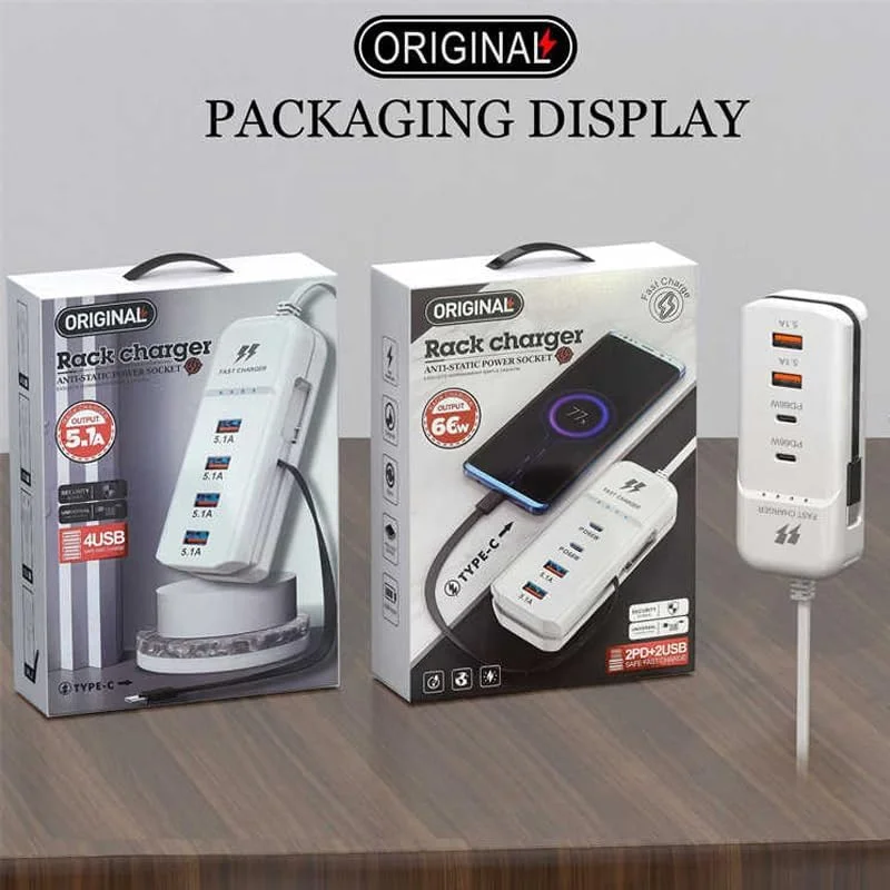 آداپتور شارژ 60 وات با 2 پورت PD و 2 پورت USB، چند پورت، سر شارژ، سیم افزایش طول پریز برق، پریز شارژ تلفن همراه آداپتور شارژ 60 وات با 2 پورت PD و 2 پورت USB، چند پورت، سر شارژ، سیم افزایش طول پریز برق، پریز شارژ تلفن همراه