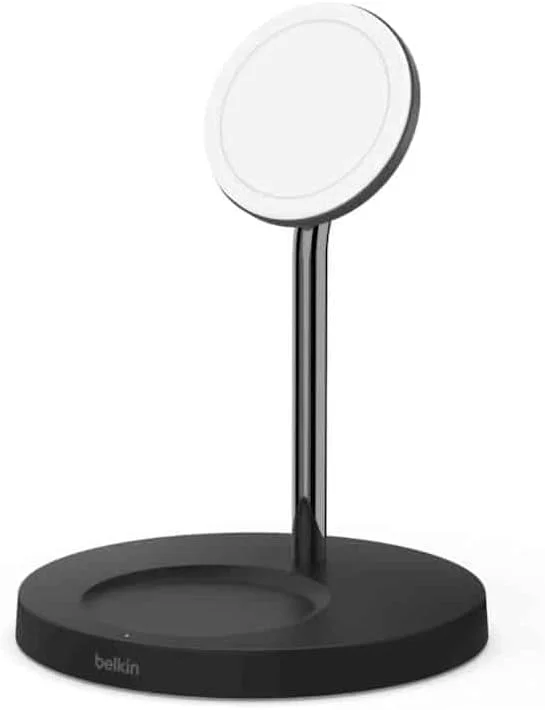 شارژر بی‌سیم 2 در 1 بلکین با MagSafe، پایه شارژ سریع 15 واتی آیفون برای سری آیفون 13، ایرپادز و سایر دستگاه‌های دارای MagSafe به همراه آداپتور برق مشکی مدل WIZ010myBK