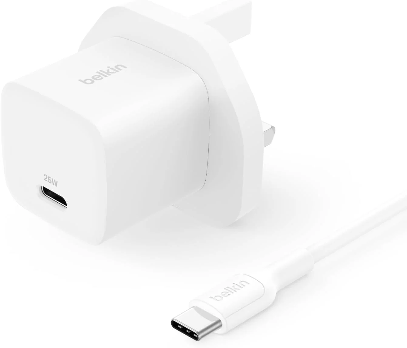 شارژر دیواری 25 واتی Belkin USB-C به همراه کابل USB-C 60 واتی (1 متری) - شارژ سریع PD 3.0 با PPS برای Apple iPhone 17, Air, 16, Samsung Galaxy S25, Pixel 10, Nintendo Switch و غیره - سفید
