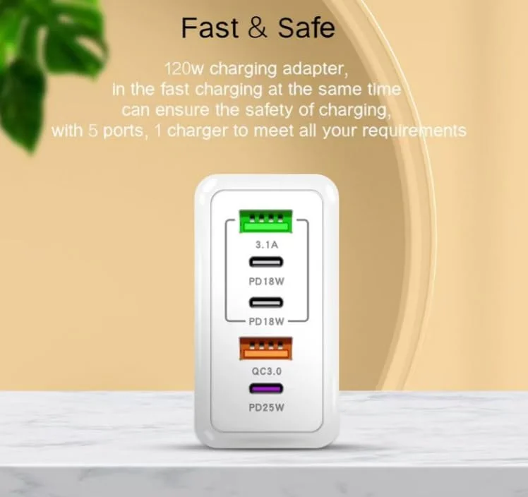 شارژر 120 واتی USB Type C، شارژ سریع، آداپتور مسافرتی 5 پورت، 2 پورت USB، 3 پورت Type-C، سازگار با همه تلفن ها