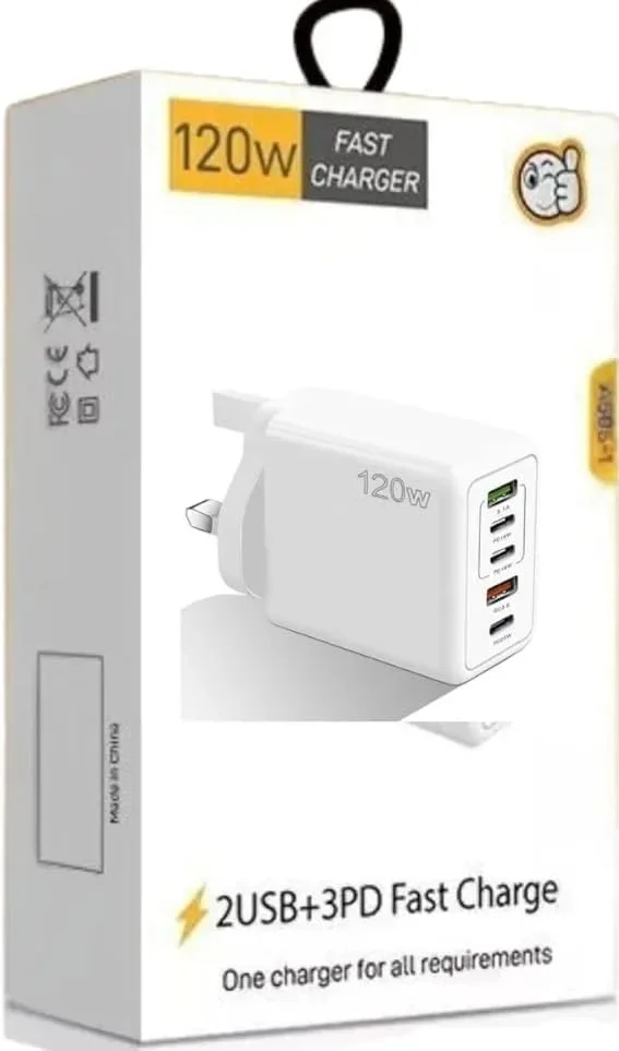 شارژر 120 واتی USB Type C، شارژ سریع، آداپتور مسافرتی 5 پورت، 2 پورت USB، 3 پورت Type-C، سازگار با همه تلفن ها