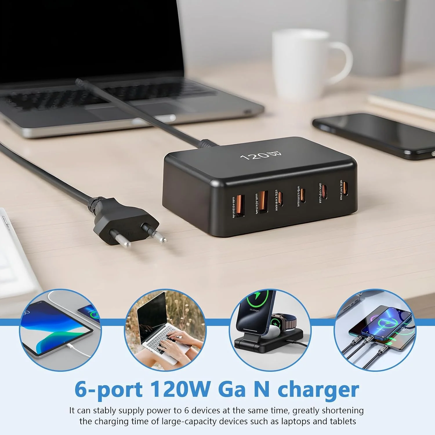شارژر USB C - شارژر قابل حمل برای تلفن | تجهیزات شارژ 120 وات 6 پورت برای کامپیوتر، تلفن، ساعت هوشمند، لپ تاپ، کاربران دستگاه های تلفن همراه و متخصصان تجاری