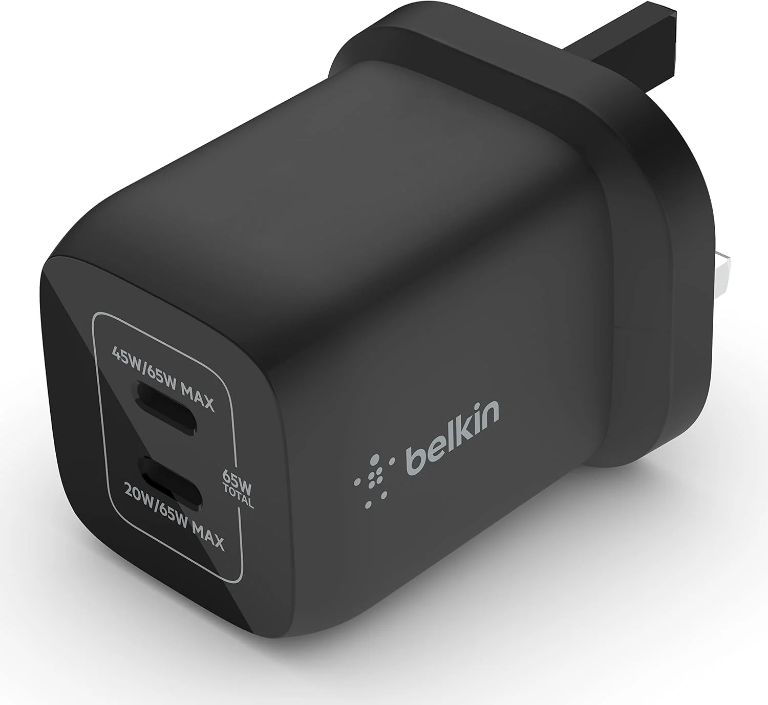 شارژر دیواری 65 واتی بلکین با دو پورت USB Type-C، شارژ سریع Power Delivery 3.0 با فناوری GaN، دوشاخه USB برای آیفون 17، ایر، آیپد، مک‌بوک، سامسونگ گلکسی S25، پیکسل و غیره - مشکی