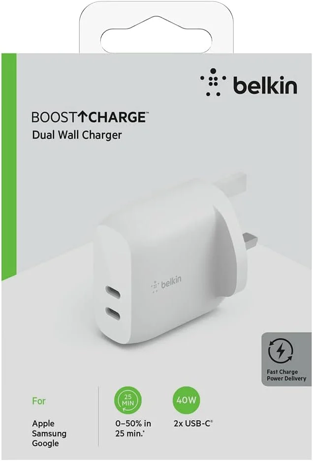 شارژر دیواری 40 واتی USB Type C PD بلکین (دارای دو پورت USB-C با توان 20 وات برای هر پورت، شارژ سریع برای آیفون 14، 13، 12، 12 پرو، 12 پرو مکس، مینی، آیپد پرو، گلکسی و غیره) شارژر دیواری 40 واتی USB Type C PD بلکین (دارای دو پورت USB-C با توان 20 وات برای هر پورت، شارژ سریع برای آیفون 14، 13، 12، 12 پرو، 12 پرو مکس، مینی، آیپد پرو، گلکسی و غیره)