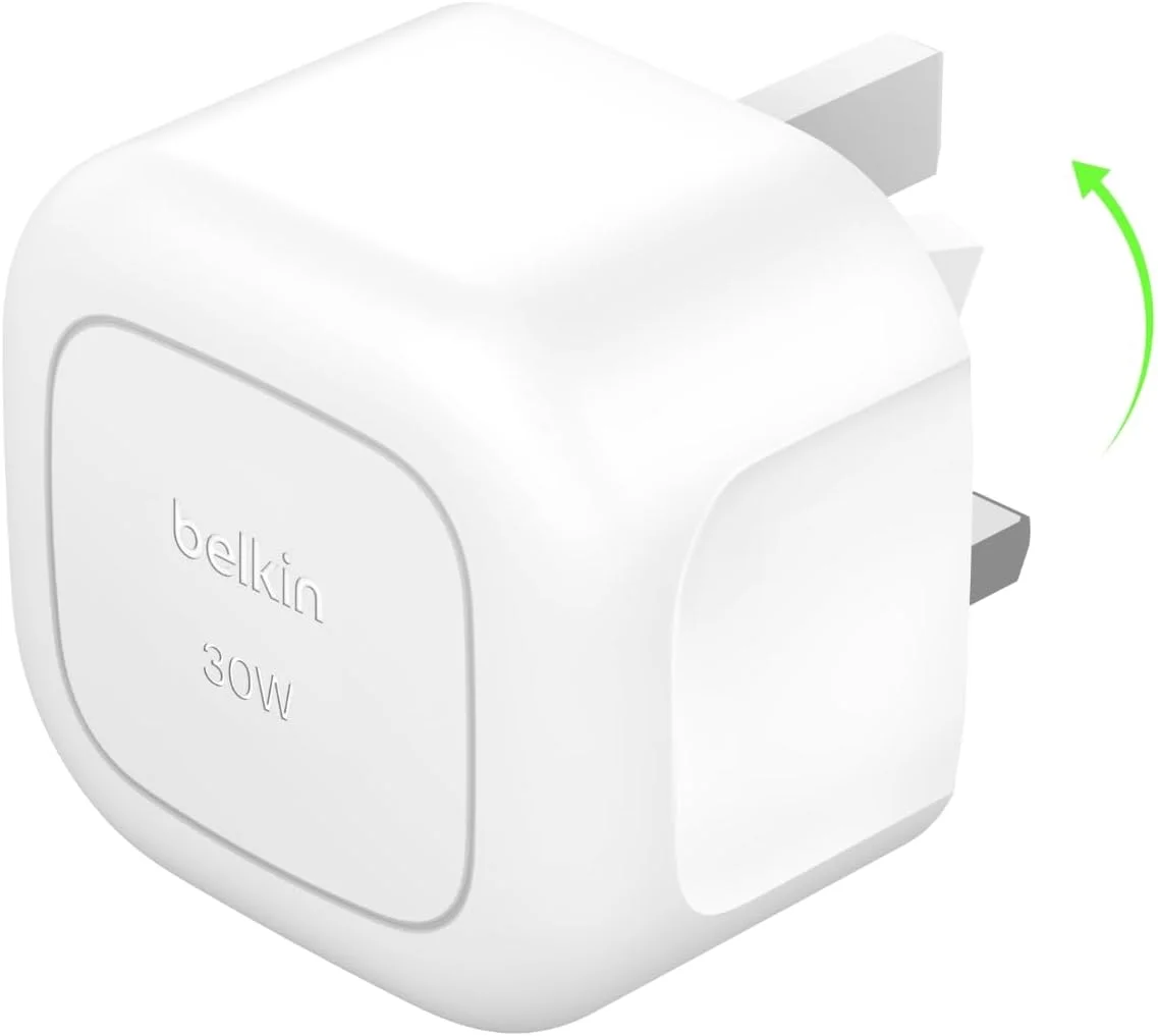 شارژر دیواری جمع و جور 30 واتی Belkin BoostCharge، شارژ سریع USB-C Power Delivery با پین تاشو برای Apple iPhone 17, Air, 16, 15, 14، Samsung Galaxy S25، Pixel، iPad، AirPods، تبلت و غیره - سفید