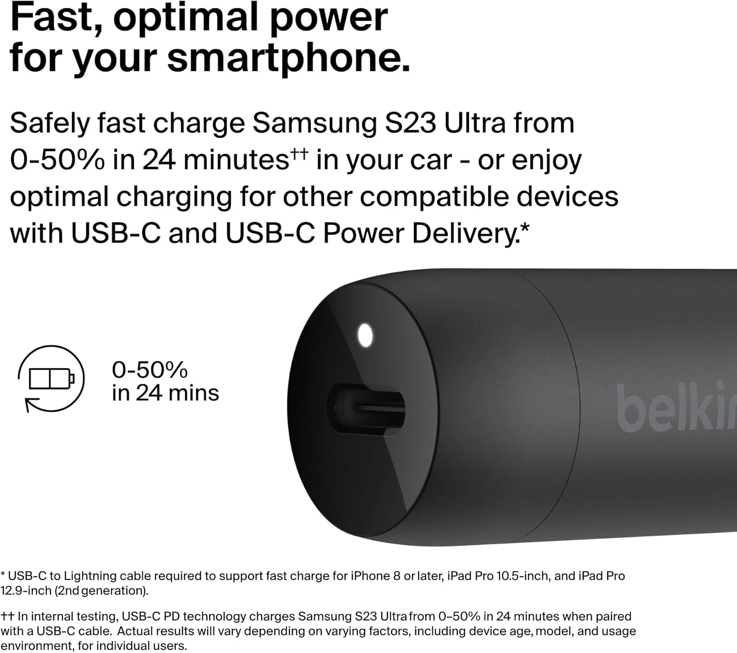 شارژر سریع 30 واتی خودرو Belkin BoostCharge، طراحی جمع و جور با پورت USB-C Power Delivery، شامل کابل USB-C به USB-C، سازگاری جهانی برای آیفون 16، 15، گلکسی S23، نوت و غیره - مشکی شارژر سریع 30 واتی خودرو Belkin BoostCharge، طراحی جمع و جور با پورت USB-C Power Delivery، شامل کابل USB-C به USB-C، سازگاری جهانی برای آیفون 16، 15، گلکسی S23، نوت و غیره - مشکی