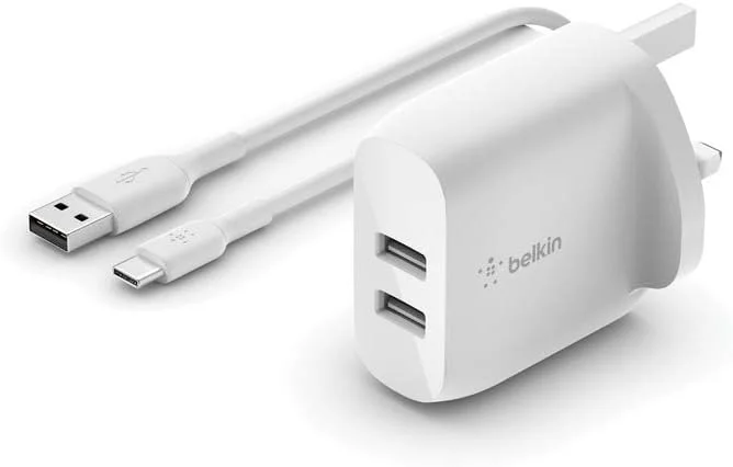 شارژر دیواری دو پورت USB-A بلکین مدل Boost Charge با توان 24 وات + کابل USB-A به USB-C (شارژر دیواری USB برای سامسونگ، پیکسل، آیپد پرو و غیره)