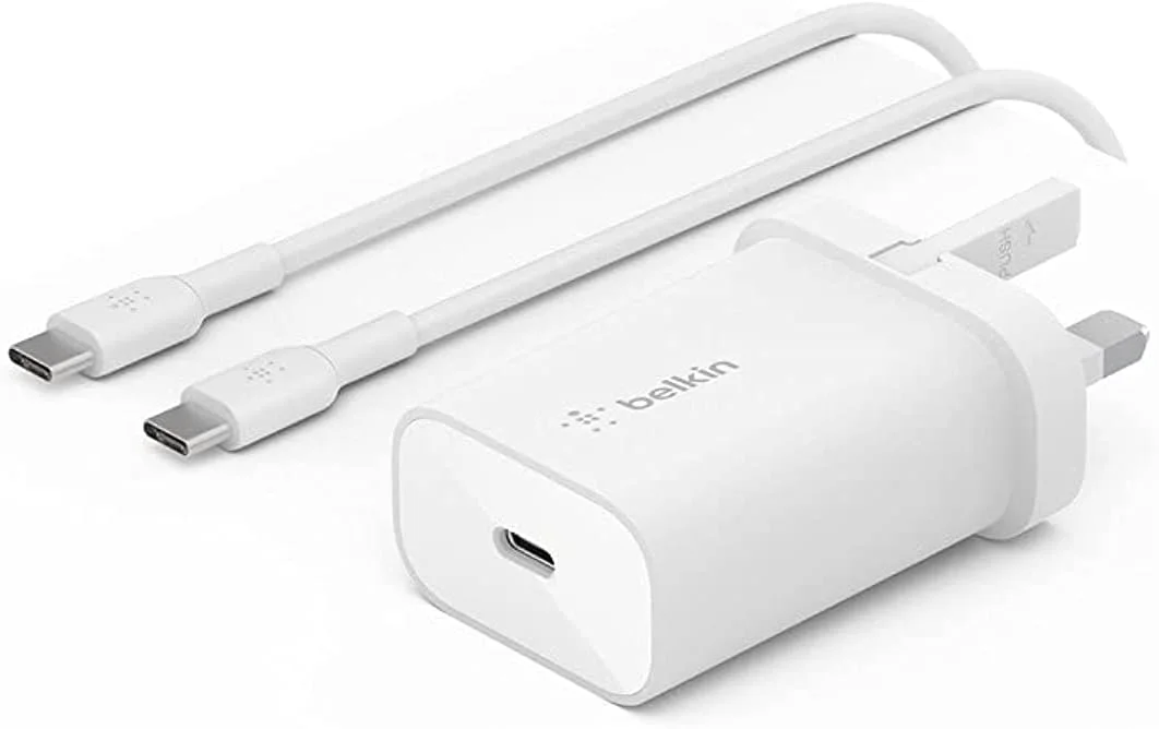 شارژر دیواری 25 واتی Belkin BoostCharge با PPS، USB-C Power Delivery، شارژر سریع تلفن برای آیفون، ایر، سامسونگ گلکسی، آیپد، پیکسل، تبلت و غیره - دوشاخه شارژر USB با کابل USB-C