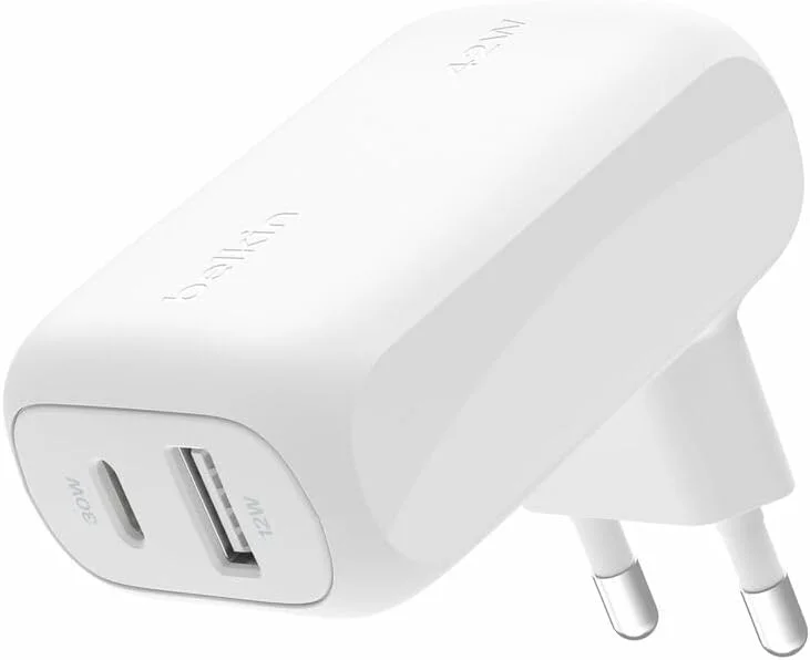 شارژر دیواری دو پورت 42 واتی بلکین BoostCharge، شارژر USB-C + USB-A با شارژ سریع برای آیفون 15، 15 پلاس، 15 پرو مکس، 14، 14 پرو مکس، 13، گلکسی S24، پلاس، اولترا، آیپد، ایرپاد و غیره - سفید