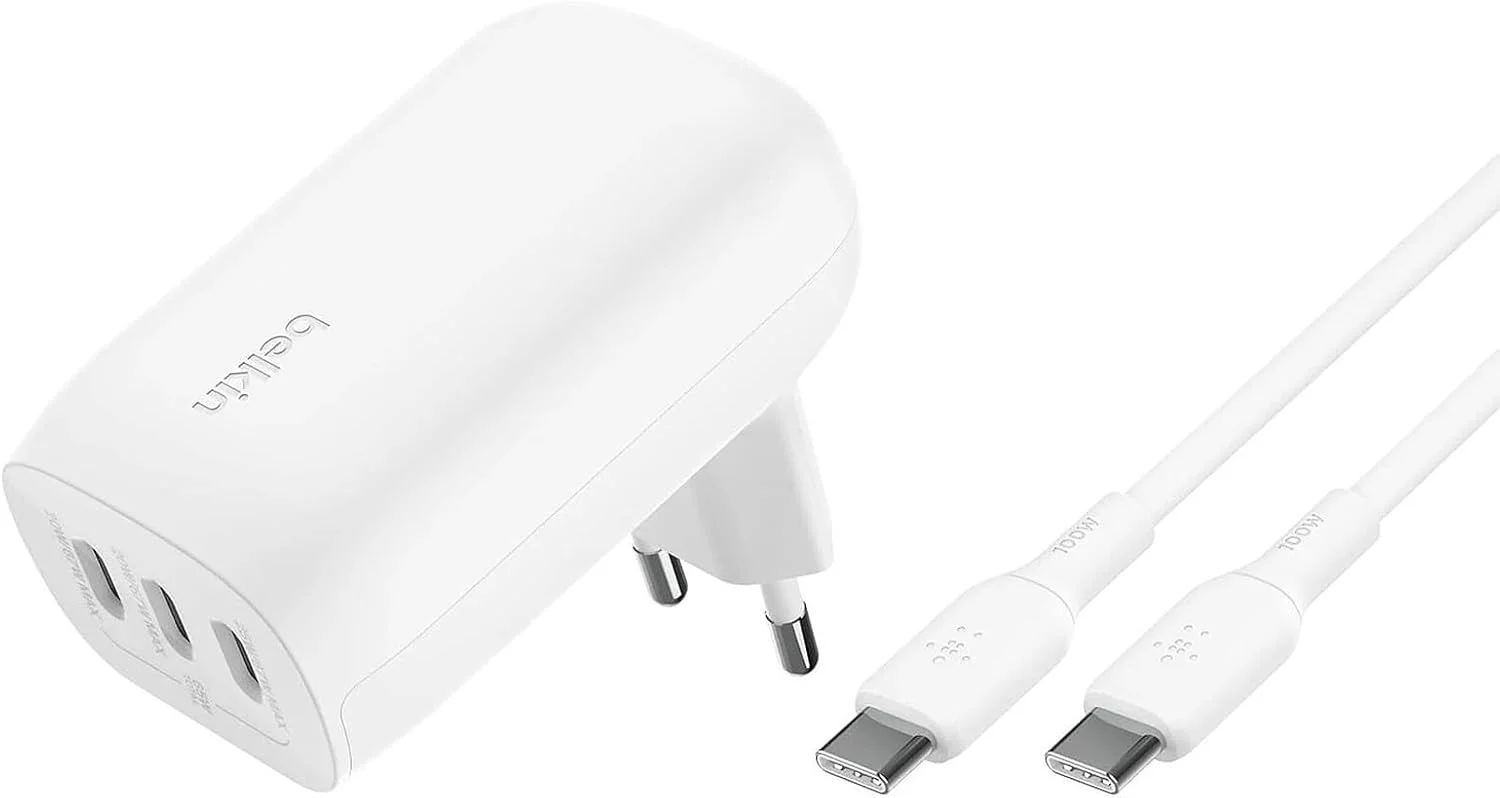 شارژر دیواری 3 پورت USB-C بلکین BoostCharge با PPS 67W، شارژر سریع USB-C PD 3.1 برای سری آیفون 16، مک بوک پرو، ایرپادز، گلکسی و غیره، شامل کابل USB-C به USB-C
