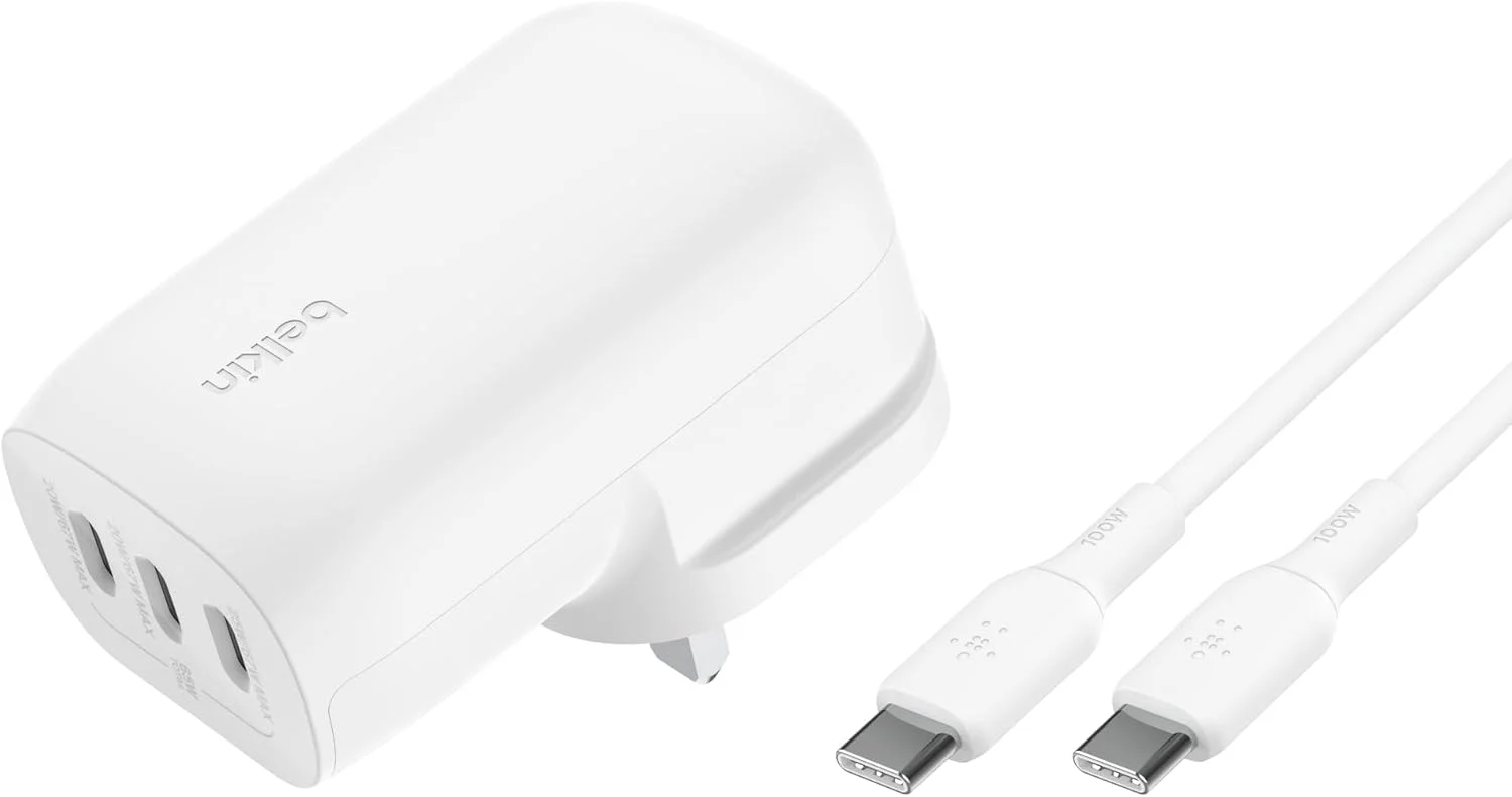 شارژر دیواری سه پورت USB-C بلکین BoostCharge با PPS 67W، شارژ سریع فعال شده با PD 3.1 - آیفون 17، ایر، سامسونگ گلکسی S25، پیکسل 10، آیپد، ایرپادز، تبلت و غیره، شامل کابل USB-C به Type C