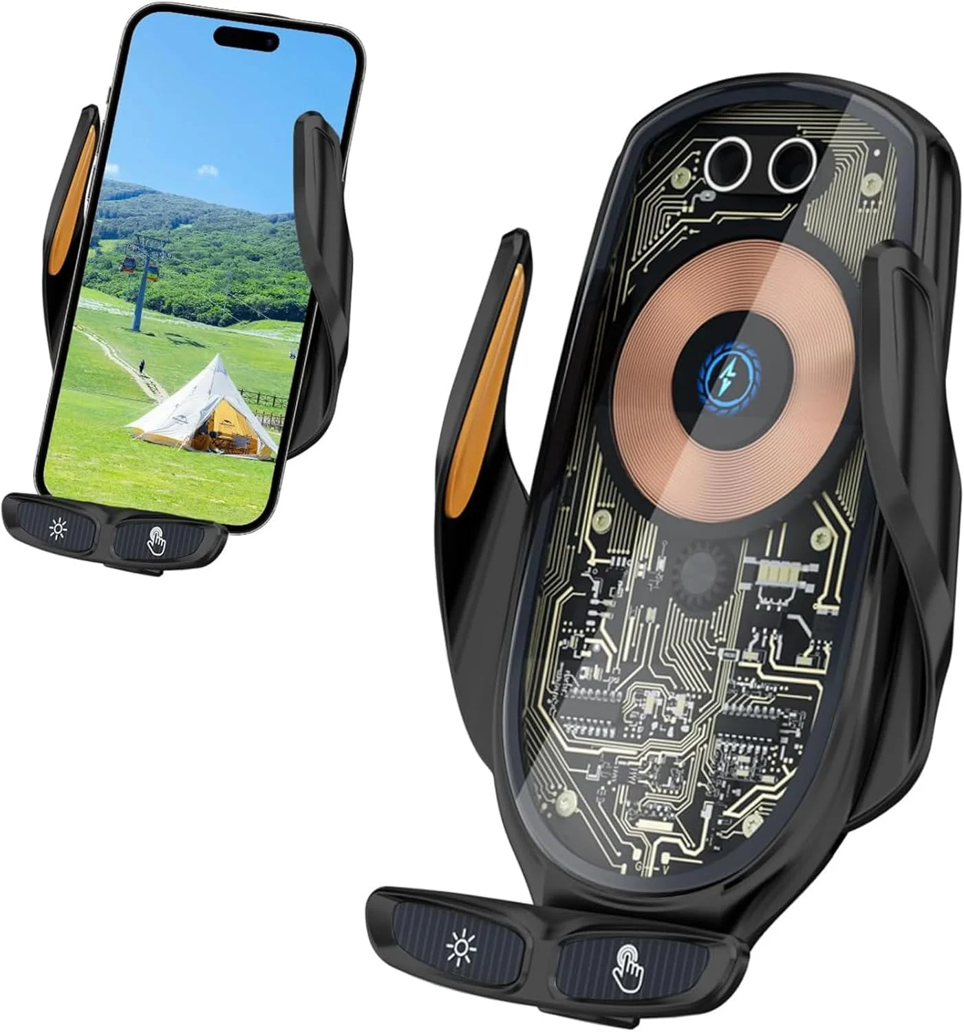 پایه نگهدارنده گوشی موبایل با شارژر وایرلس سریع 66 واتی، گیره اتوماتیک، کنترل لمسی، نصب روی دریچه هوا، شارژر مغناطیسی برای اندروید و Type-C (مشکی) مناسب برای آیفون 14 پرو 13 12 11