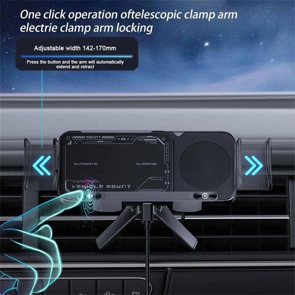 نگهدارنده هوشمند تلفن همراه/تبلت Azonee، نگهدارنده تلفن چرخشی خودکار 2 در 1 با شارژر بی سیم 15 واتی خودرو، سیم پیچ دوگانه، پایه دریچه هوا با شارژ سریع (مشکی)