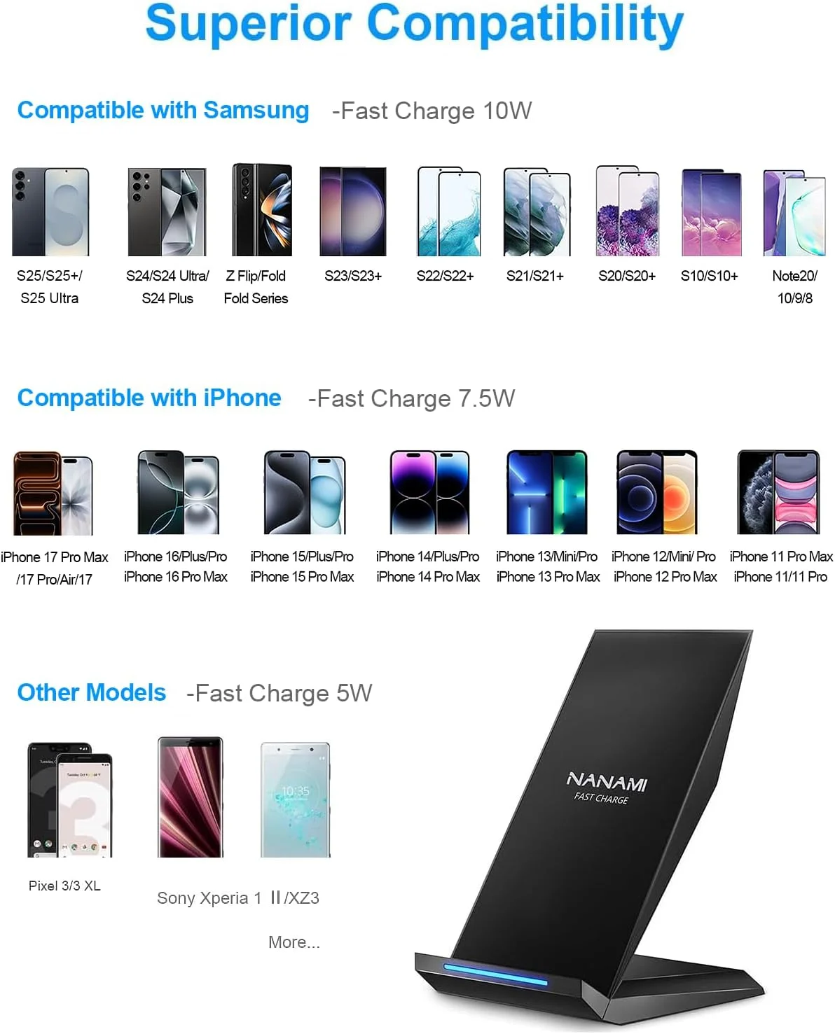 شارژر بیسیم سریع NANAMI 15W Qi، سازگار با آیفون 17/17 Air/16/15/15 Pro/15 Plus/15 Pro Max/14/13/12، برای سامسونگ گلکسی S25/S24/S23/S22/S21 و تلفنهای دارای Qi شارژر بیسیم سریع NANAMI 15W Qi، سازگار با آیفون 17/17 Air/16/15/15 Pro/15 Plus/15 Pro Max/14/13/12، برای سامسونگ گلکسی S25/S24/S23/S22/S21 و تلفنهای دارای Qi