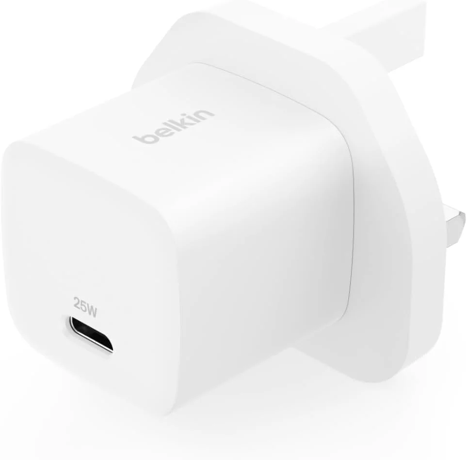 شارژر دیواری 25 واتی بلکین USB-C با فناوری PD 3.0 و PPS مناسب برای آیفون، آیپد، سامسونگ گلکسی، پیکسل، نینتندو سوییچ و غیره - سفید