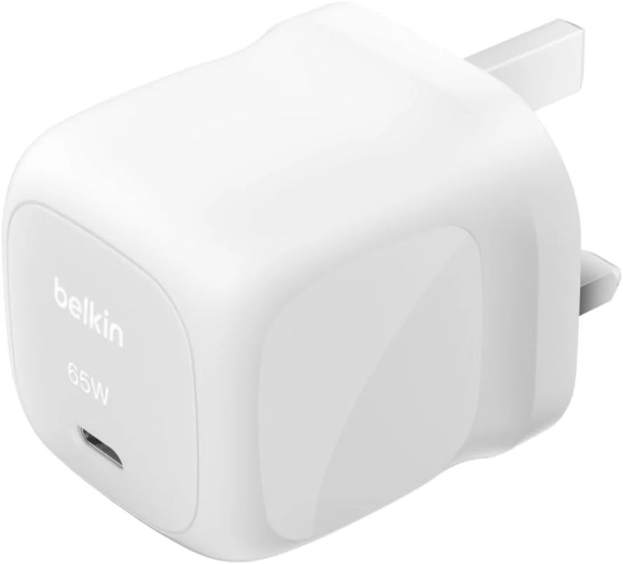 شارژر دیواری سریع 65 واتی Belkin USB-C، شارژر تلفن Type C - سازگار با Apple iPhone 16/15/14/13، Galaxy S25، Google Pixel 9، MacBook، iPad، AirPods، Chromebook و غیره - سفید