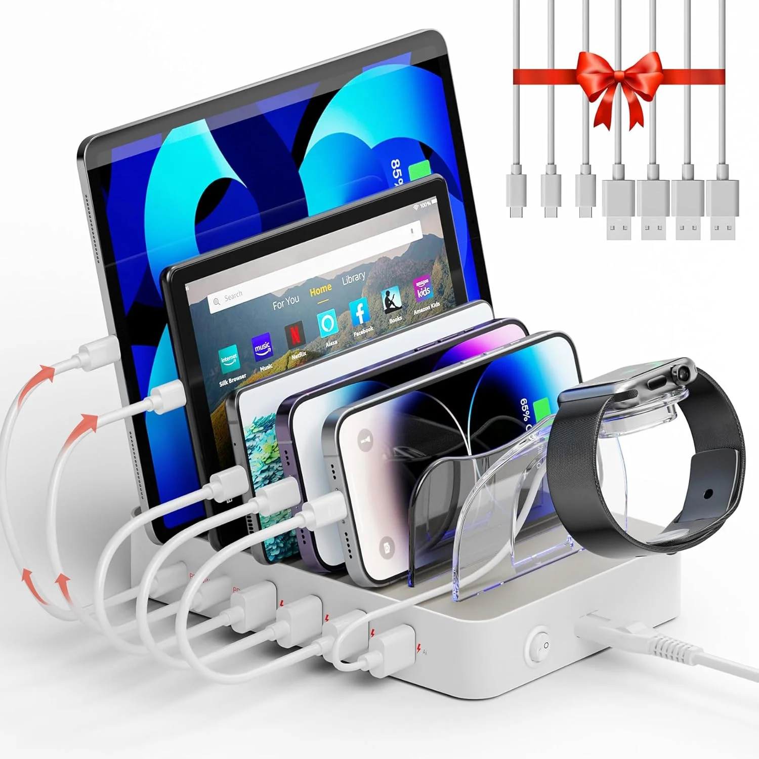 ایستگاه شارژ چندگانه USB یونیتک - داک شارژ 6 پورت USB C با 2 پورت PD 20W، سازمان دهنده ایستگاه شارژ دستگاه های متعدد برای آیپد، آیفون، سامسونگ، تبلت ها و غیره