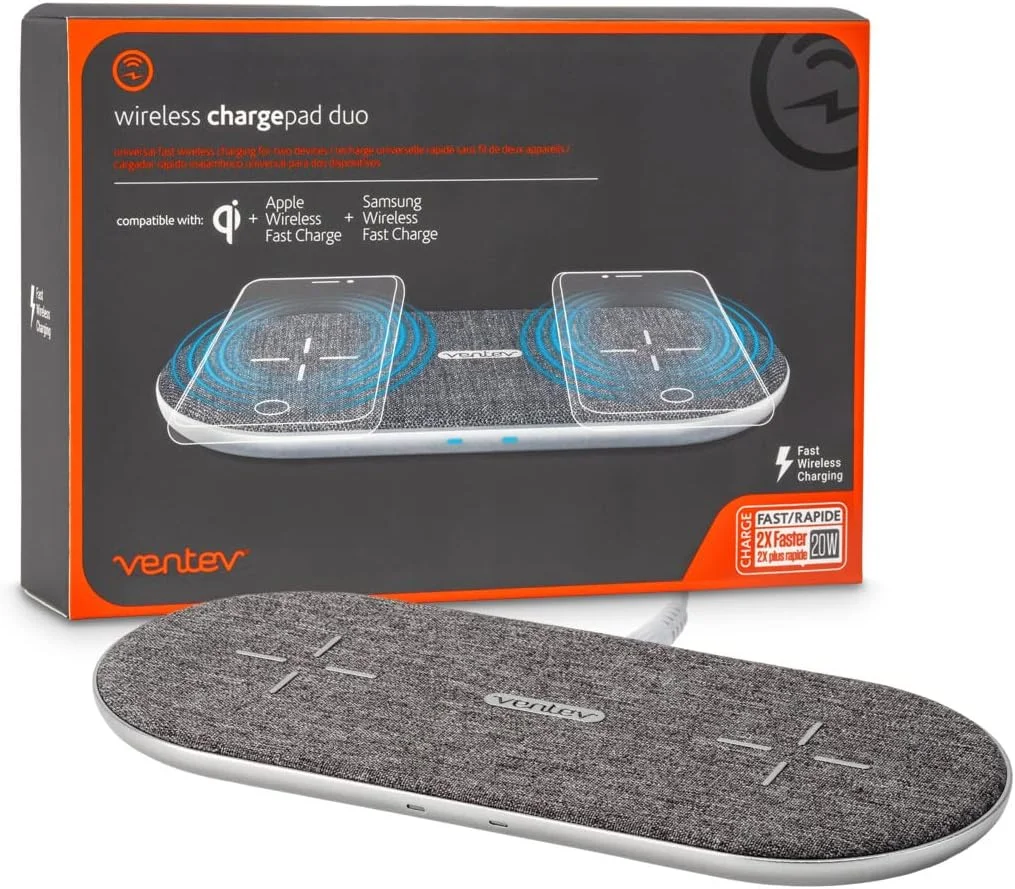 پد شارژ بی‌سیم دوتایی Ventev با فناوری Qi | ایستگاه شارژ سریع سامسونگ و اپل برای دو گوشی به طور همزمان | مناسب برای شارژ آیفون و شارژر اندروید سامسونگ