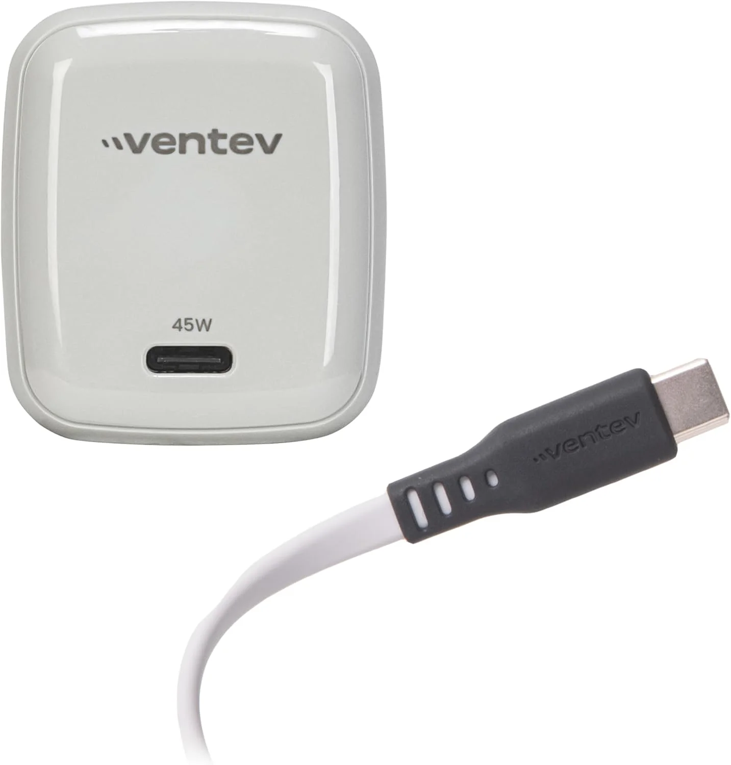 شارژر دیواری 45 واتی Ventev USB C به USB C به همراه کابل برای آیفون 17، پرو، پرو مکس و ایر، آیفون های 16-12، ایرپادز، آیپد پرو، سامسونگ S25، پیکسل 9 | شارژر Type C با شارژ سریع، طراحی جمع و جور - سفید