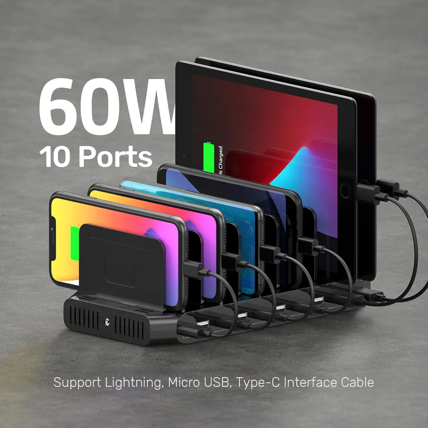 ایستگاه شارژ USB یونیتک، داک شارژ 10 پورت USB سریع و جداکننده‌های قابل تنظیم، سازمان‌دهنده شارژر چند دستگاهی سازگار با آیپد، آیفون، تبلت و تلفن همراه