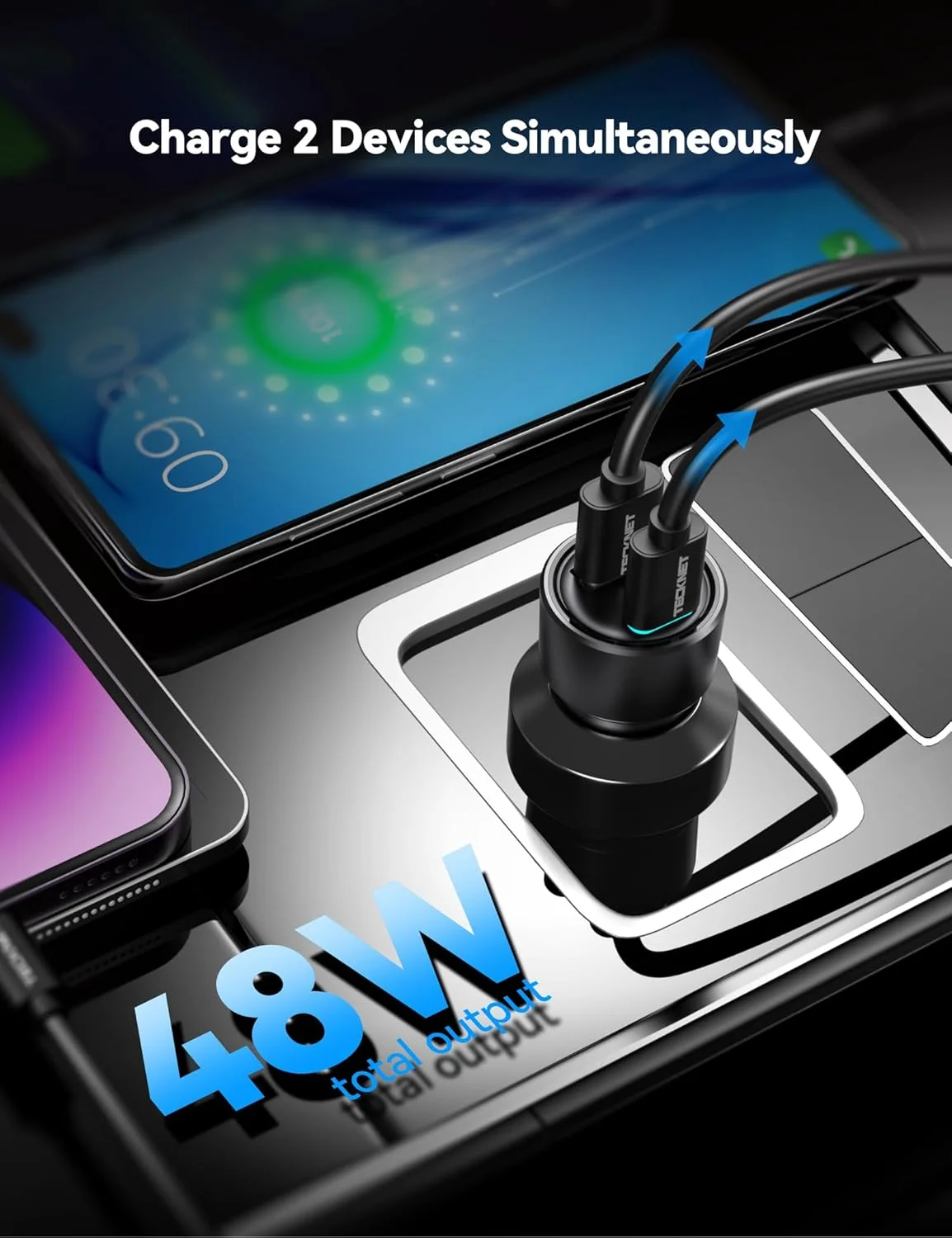 شارژر فندکی USB C تک نت [2 عددی]، شارژ سریع 48 واتی دو پورت، آداپتور شارژر فندکی USBC سازگار با آیفون 16/15 پلاس/15/14/13 گلکسی