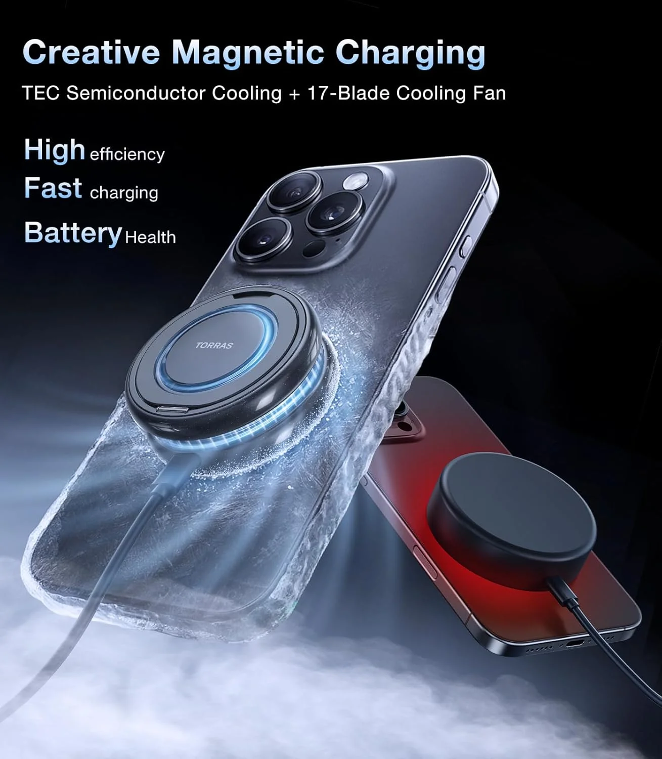 شارژر بیسیم Qi2 مدل TORRAS PolarCircle، پد مغناطیسی خنککننده 15 واتی برای آیفون 17/16/15/14، شارژر بیسیم برای سامسونگ گلکسی S25 با پایه چرخان 360 درجه، خنککننده بازی نیمهرسانا، همراه با کابل Type-C به طول 1.5 متر شارژر بیسیم Qi2 مدل TORRAS PolarCircle، پد مغناطیسی خنککننده 15 واتی برای آیفون 17/16/15/14، شارژر بیسیم برای سامسونگ گلکسی S25 با پایه چرخان 360 درجه، خنککننده بازی نیمهرسانا، همراه با کابل Type-C به طول 1.5 متر