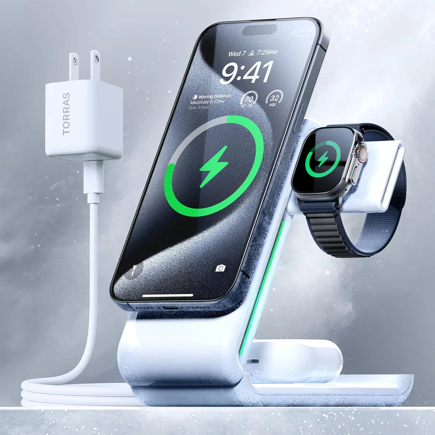 استند شارژر 3 در 1 TORRAS با شارژر MagSafe، شارژ سریع 15 واتی حداکثر با خنک کننده، شارژر بی سیم تاشو برای آیفون 15/14/13/12، اپل واچ S1-8/Ultra، ایرپاد (شامل شارژر 30 واتی USB-C)