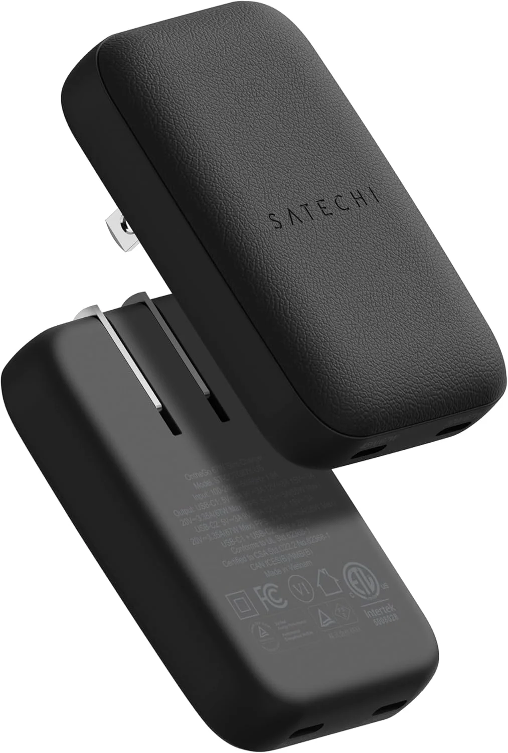 شارژر دیواری 67 واتی Satechi OntheGo، شارژر مسافرتی USB-C GaN (PD 3.0+PPS)، 2 پورت USB-C، 67W(1)/45W+20W(2)، برای MacBook Air/Pro M5، iPad Air/Pro M5، iPhone 17/16، Galaxy S25/S24، Pixel 9، Steam Deck - مشکی