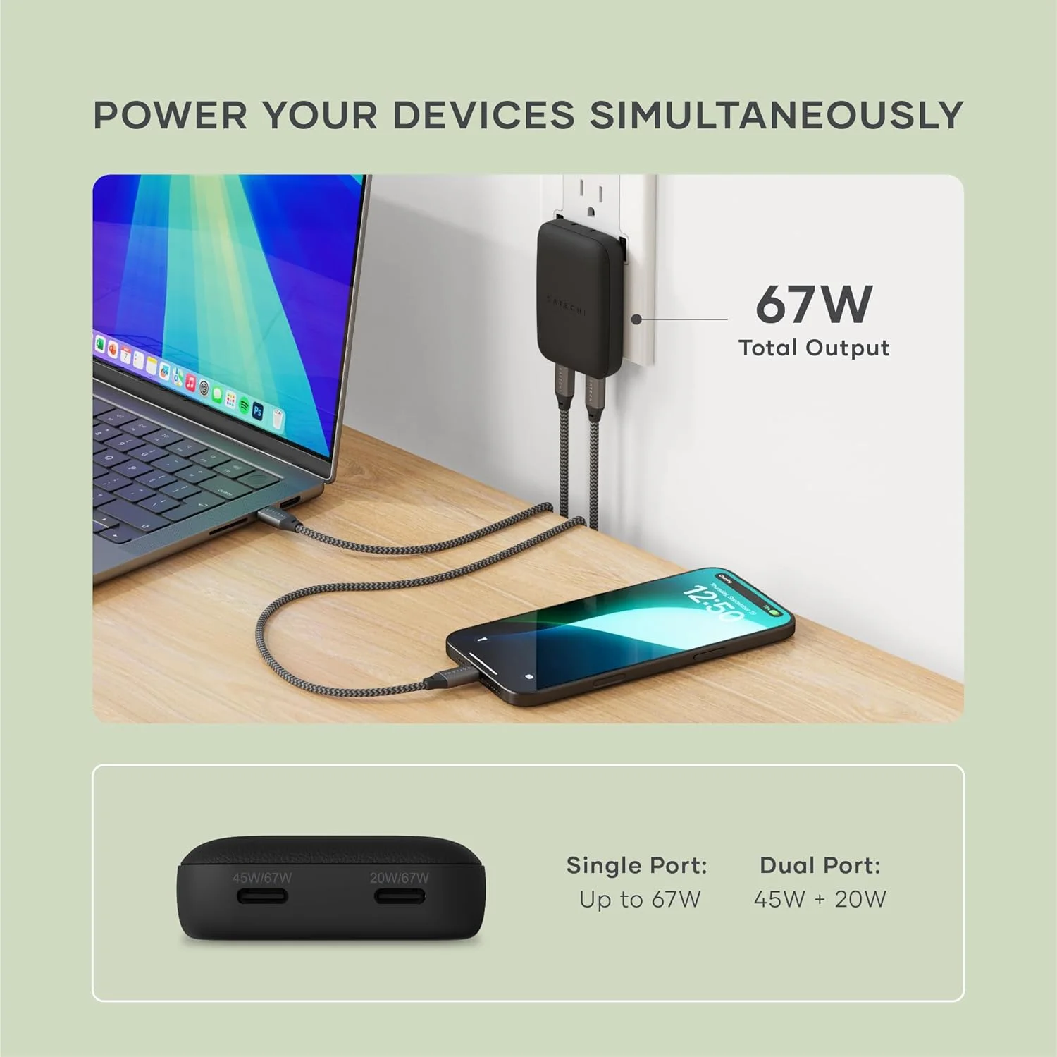 شارژر دیواری 67 واتی Satechi OntheGo، شارژر مسافرتی USB-C GaN (PD 3.0+PPS)، 2 پورت USB-C، 67W(1)/45W+20W(2)، برای MacBook Air/Pro M5، iPad Air/Pro M5، iPhone 17/16، Galaxy S25/S24، Pixel 9، Steam Deck - مشکی