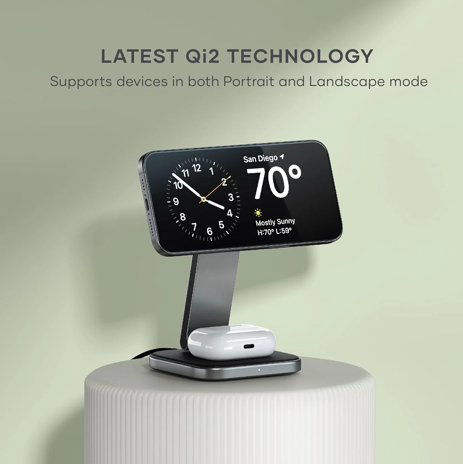 شارژر بی‌سیم 2 در 1 Satechi، پایه شارژر بی‌سیم دوگانه Qi2 15W، مغناطیسی، ایستگاه شارژ تاشو مسافرتی برای سری آیفون 17 تا 12 و ایرپادز پرو 4/3/2