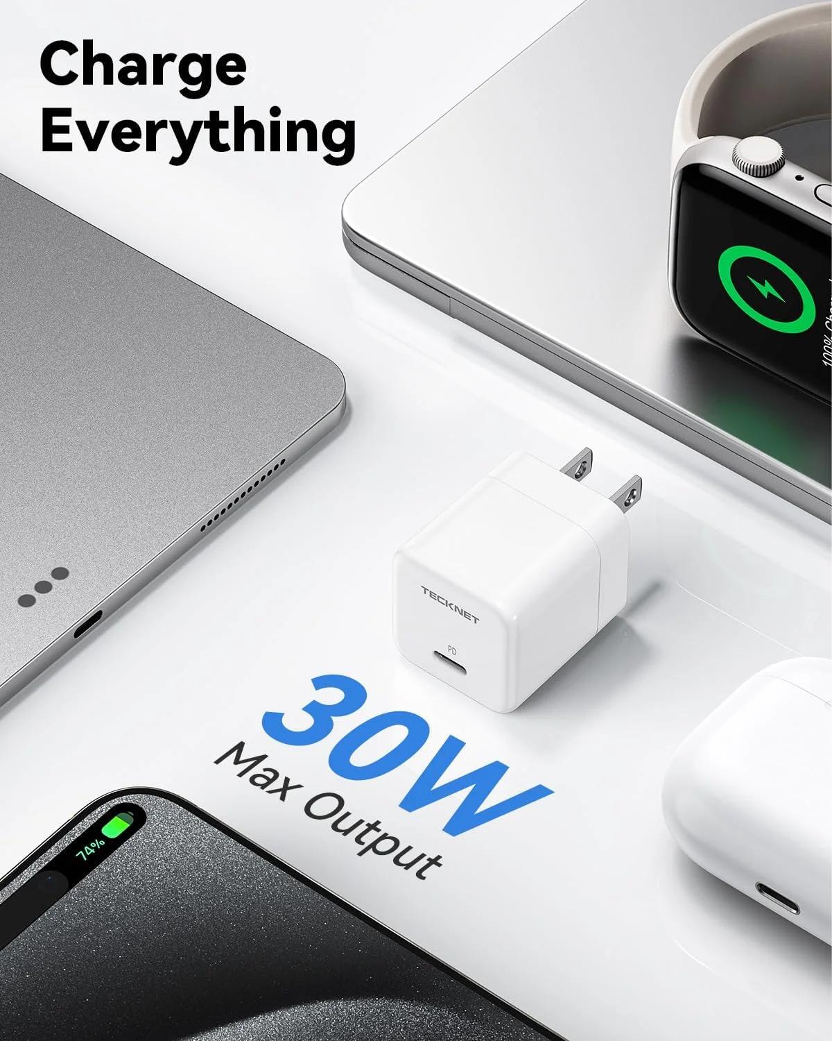 آداپتور شارژر دیواری 30 واتی USB C TECKNET با کابل 1.5 متری Type-C، مناسب برای آیفون 15/16/17، پیکسل، گلکسی، آیپد/آیپد مینی و غیره