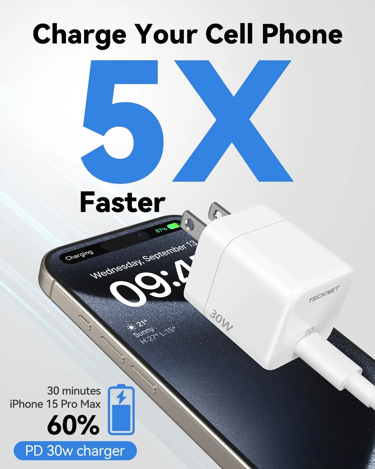 آداپتور شارژر دیواری 30 واتی USB C TECKNET با کابل 1.5 متری Type-C، مناسب برای آیفون 15/16/17، پیکسل، گلکسی، آیپد/آیپد مینی و غیره