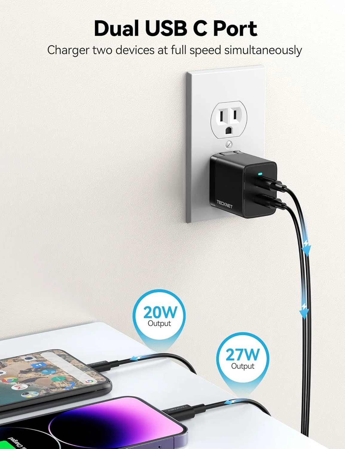 شارژر USB C تکنت، شارژر سریع 47 واتی GaN PD3.0، شارژر دیواری تاشو دوگانه USB C سازگار با سری آیفون 17/16/15/14، سامسونگ S23، آیپد پرو، پیکسل، سوییچ شارژر USB C تکنت، شارژر سریع 47 واتی GaN PD3.0، شارژر دیواری تاشو دوگانه USB C سازگار با سری آیفون 17/16/15/14، سامسونگ S23، آیپد پرو، پیکسل، سوییچ