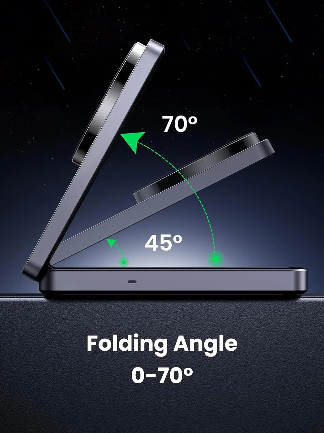 شارژر بی سیم ۱۵ واتی UGREEN Qi2 MagFlow، استند شارژ تاشو ۲ در ۱ MagSafe، مناسب برای سری آیفون ۱۷/۱۶/۱۵/۱۴/۱۳/۱۲، ایرپادز ۴/۳/۲/پرو، به همراه کابل شارژ USB C به طول ۱ متر