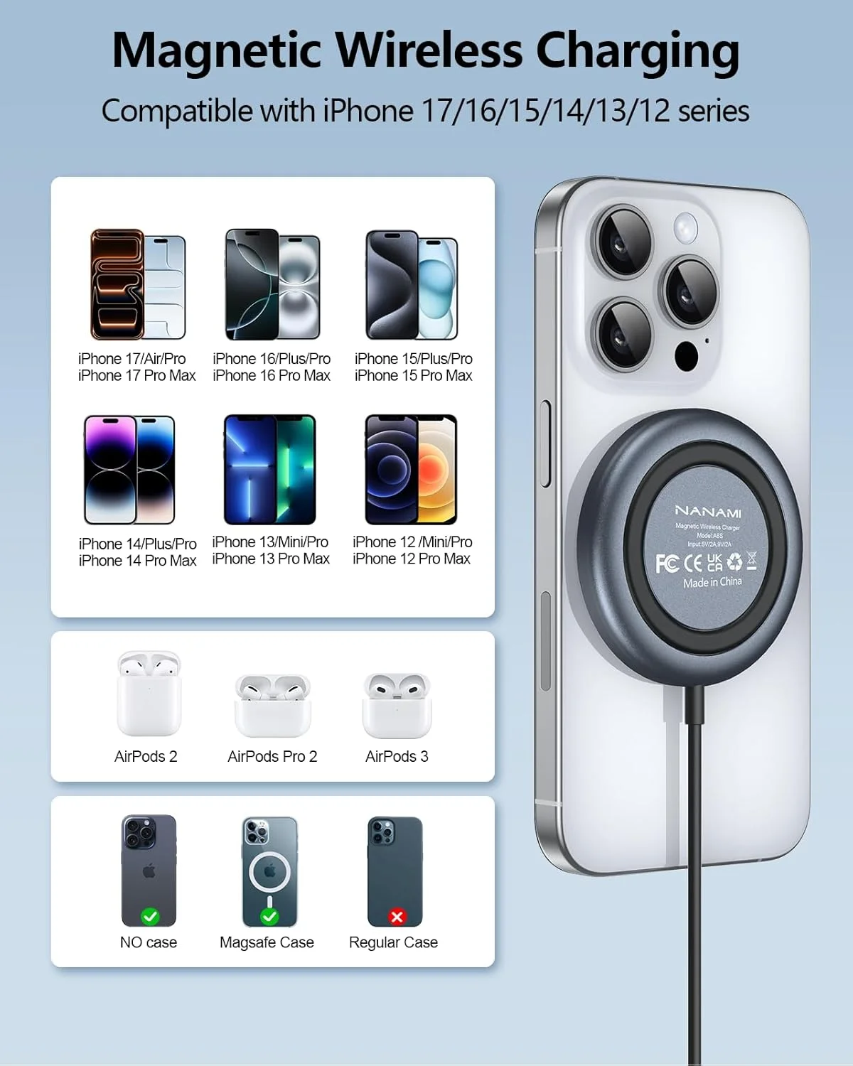 پد شارژر بیسیم مغناطیسی NANAMI با آداپتور PD 20 واتی، برای سری آیفون 17/16/15/14/13/12 و ایرپادز 3/2/Pro/Pro 2، پایه ضد لغزش و هم ترازی مغناطیسی قوی برای استفاده در میز و محل کار (مشکی) پد شارژر بیسیم مغناطیسی NANAMI با آداپتور PD 20 واتی، برای سری آیفون 17/16/15/14/13/12 و ایرپادز 3/2/Pro/Pro 2، پایه ضد لغزش و هم ترازی مغناطیسی قوی برای استفاده در میز و محل کار (مشکی)