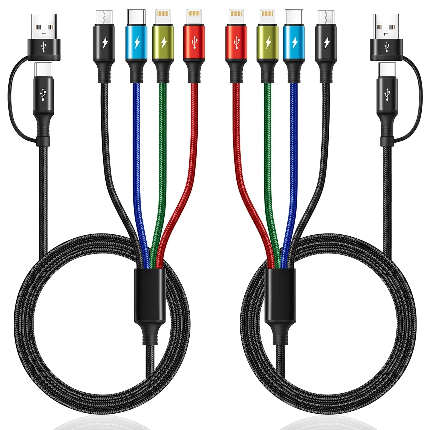 کابل شارژ چندگانه Minlu 6 در 1، بسته 2 عددی، 1.2 متری، شارژر چند منظوره برای همه دستگاه ها، کابل USB A/C بافته شده به پورت های USB Type C/Lightning/Micro USB، کابل شارژر جهانی USBC برای آیفون 17/16/15/14/سامسونگ/PS4 5