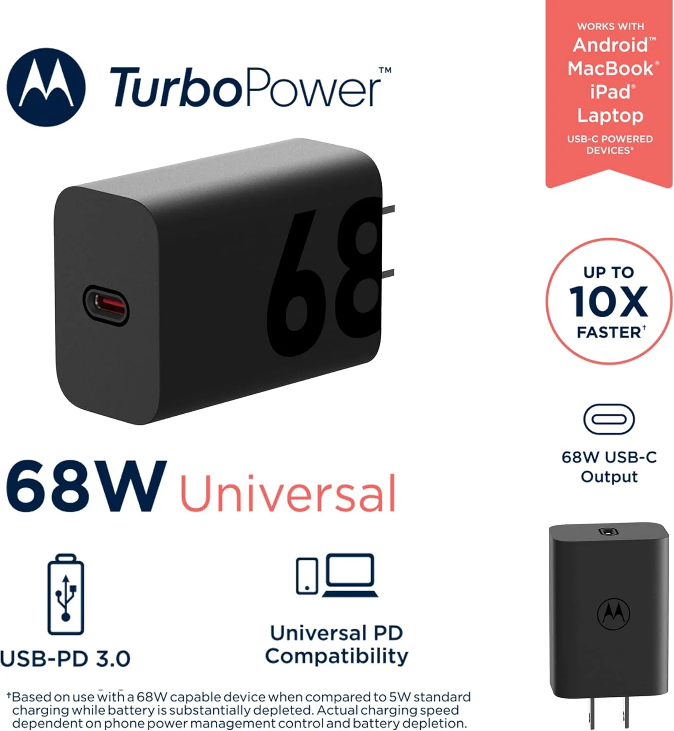 شارژر دیواری 68 واتی USB-C موتورولا TurboPower با فناوری GaN، مناسب برای Moto G Stylus (2025)، Motorola Edge (Plus) 2022/2023، Edge 2023/2024، Razr+ (Plus) 2024/2025، Razr Ultra، دستگاه های PD - بدون کابل