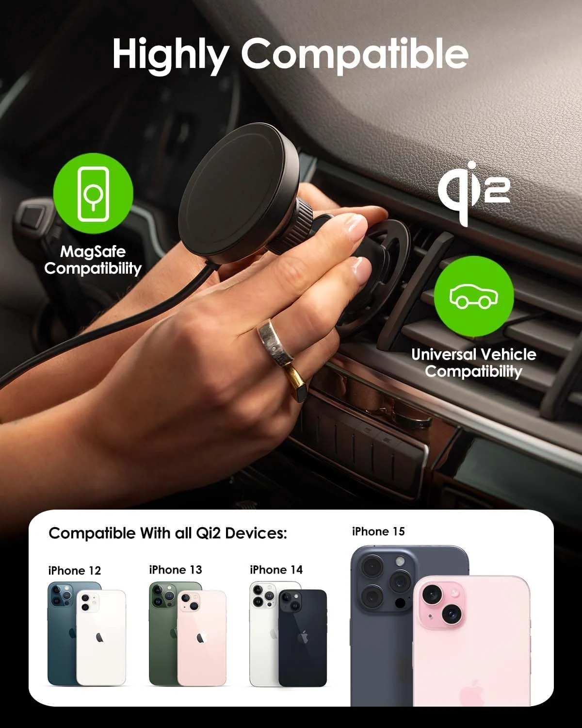 پایه نگهدارنده دریچه کولر بی‌سیم مغناطیسی Mophie Qi2 snap+ - شارژر سریع 15 واتی Qi برای آیفون 17/16/15/14/13/12، سازگاری جهانی با خودرو، شامل آداپتور شارژر خودرو 30 واتی، USB-C، مشکی