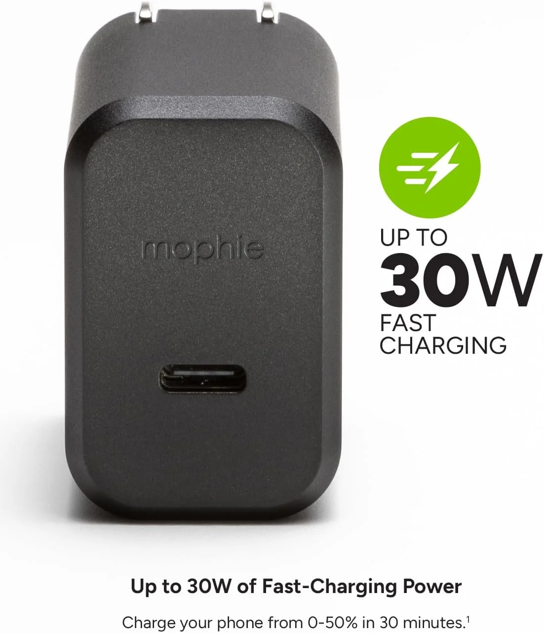 آداپتور شارژر دیواری 30 واتی Mophie GaN USB-C - شارژر سریع برای آیفون، آیپد، سامسونگ گلکسی، گوگل پیکسل و غیره - جمع و جور، دوشاخه تاشو، سازگار با محیط زیست، مشکی