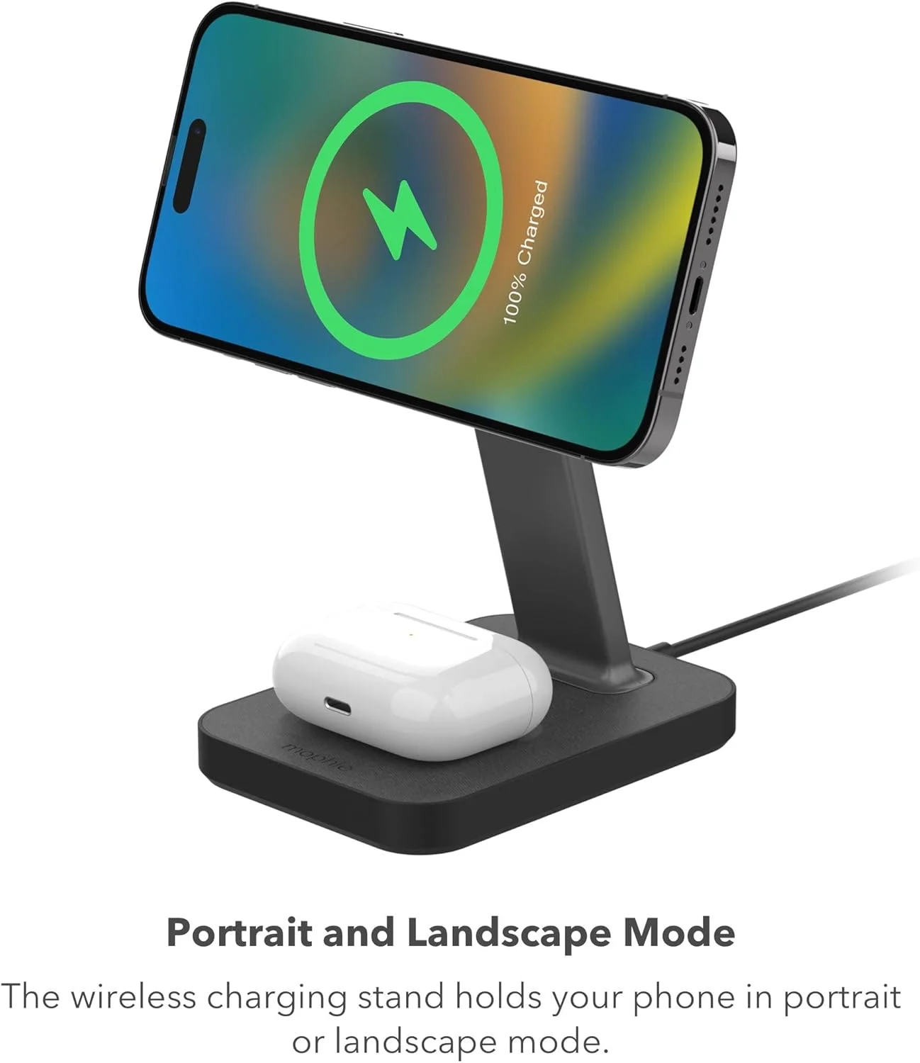 پایه و پد شارژ 2 در 1 mophie Snap+ - شارژر بی‌سیم 15 واتی سازگار با آیفون و ایرپادز، شامل آداپتور Snap+ برای سایر تلفن‌های دارای Qi، پایه فولادی، زوایای قابل تنظیم