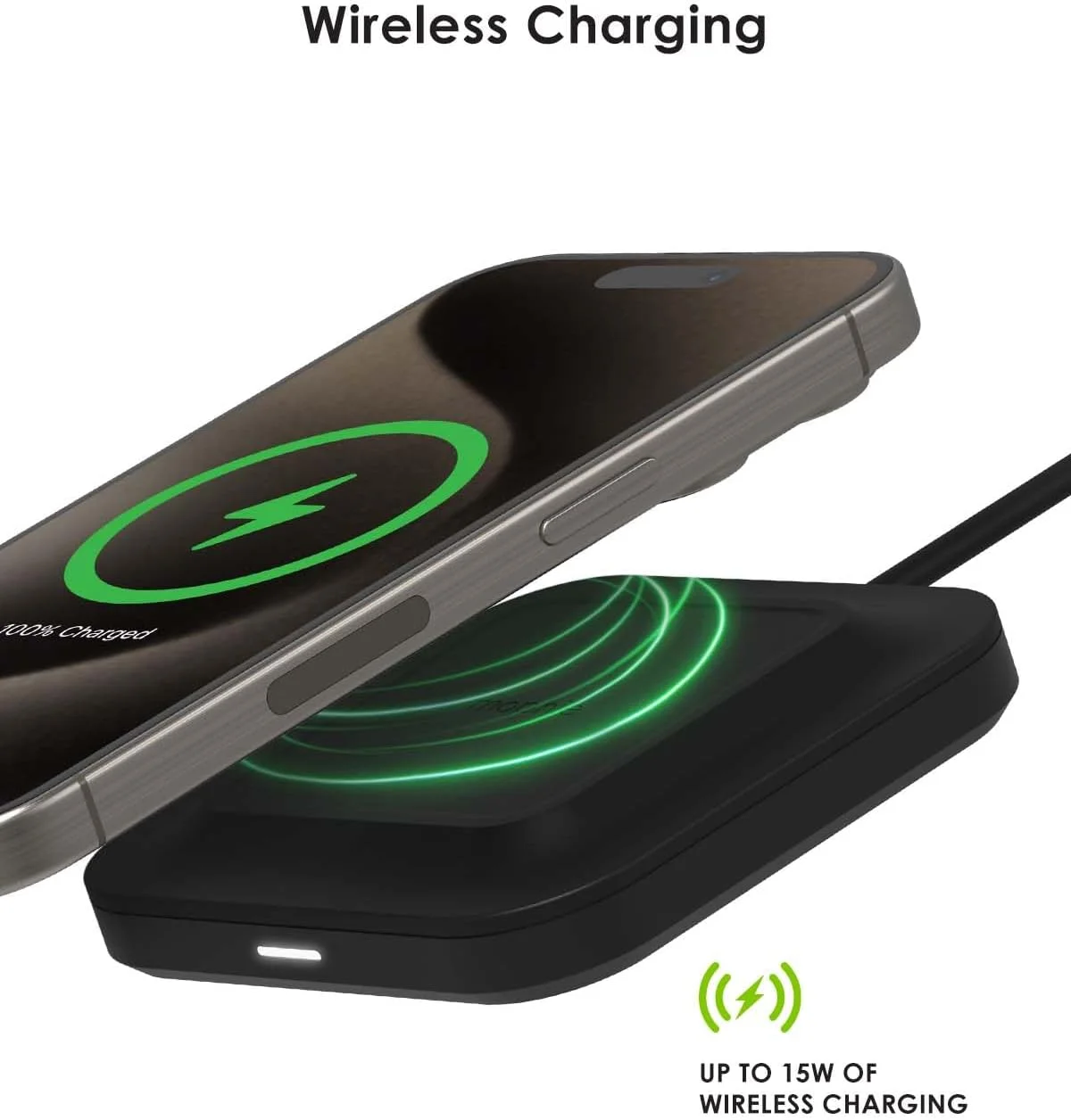 پد شارژ بی‌سیم یونیورسال Mophie - شارژ سریع 15 واتی برای دستگاه‌های دارای Qi، آیفون، گوگل پیکسل، سامسونگ گلکسی - ضروری برای میز کار و کنار تخت