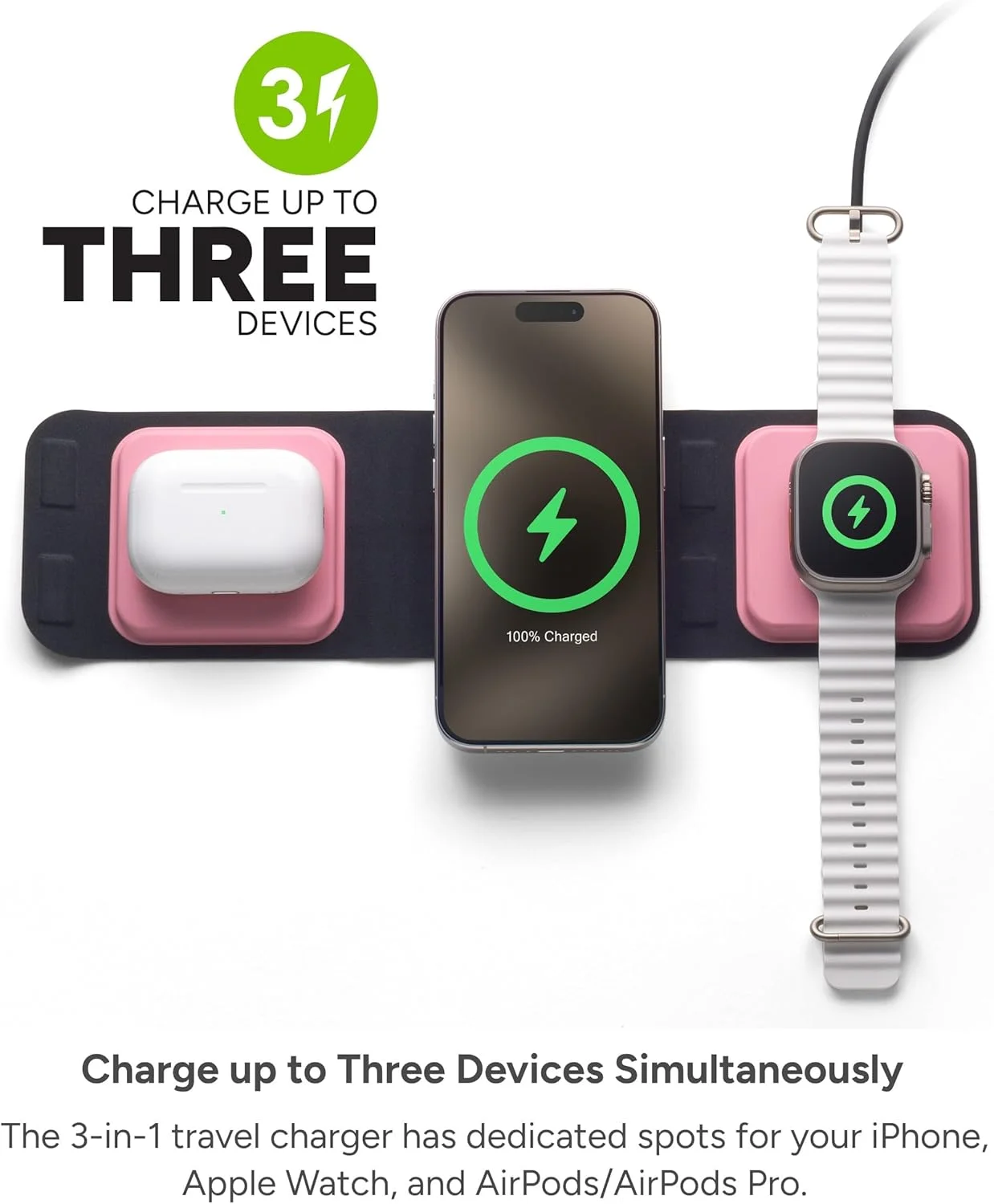 شارژر مسافرتی 3 در 1 Mophie با MagSafe - هاب شارژ بی سیم قابل حمل، سازگار با سری iPhone 17/16/15/14/13/12، Apple Watch Series 11 تا 1 و Ultra، AirPods Pro/نسل 3، صورتی شکوفه گیلاس