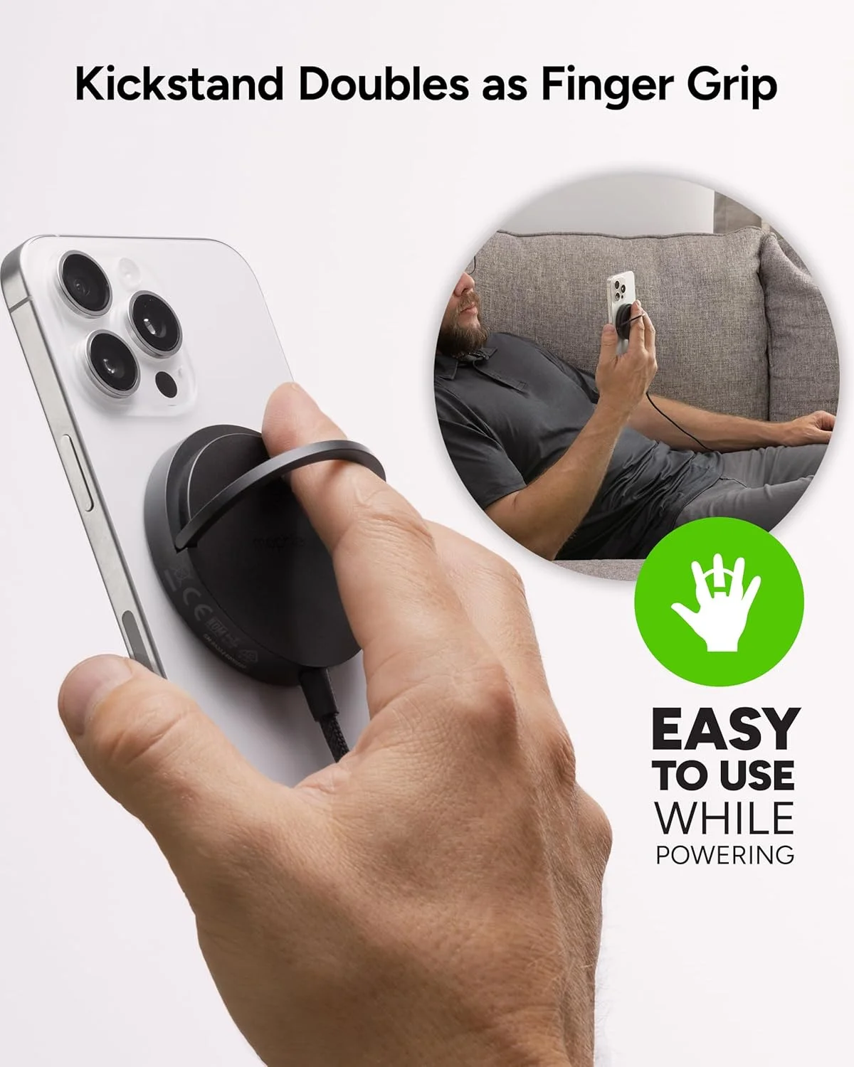 پد شارژ بی‌سیم 15 واتی Mophie با پایه نگهدارنده - سازگار با MagSafe و Qi2 برای آیفون 17/16/15/14/13/12، ایرپادز پرو (نسل 2 و 3)، طراحی جمع و جور مسافرتی با کابل یکپارچه، مشکی