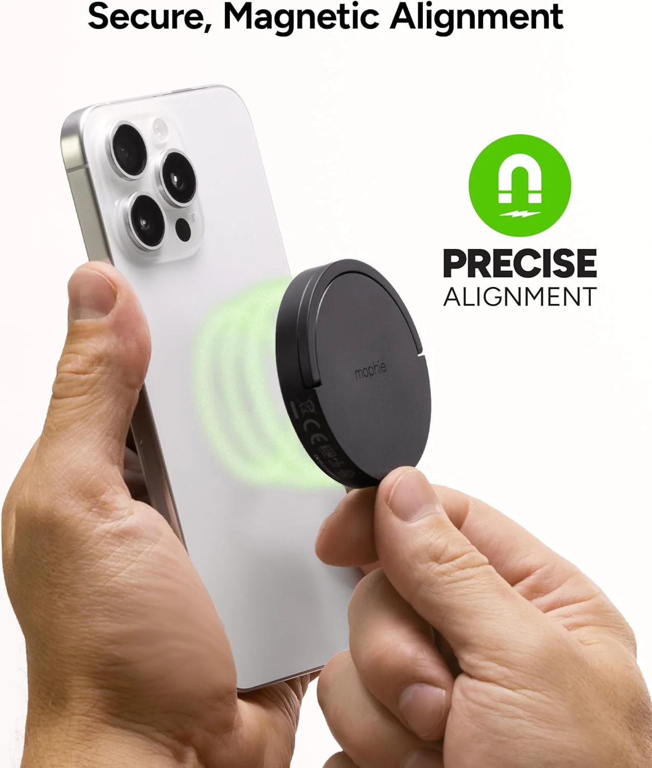 پد شارژ بی‌سیم 15 واتی Mophie با پایه نگهدارنده - سازگار با MagSafe و Qi2 برای آیفون 17/16/15/14/13/12، ایرپادز پرو (نسل 2 و 3)، طراحی جمع و جور مسافرتی با کابل یکپارچه، مشکی