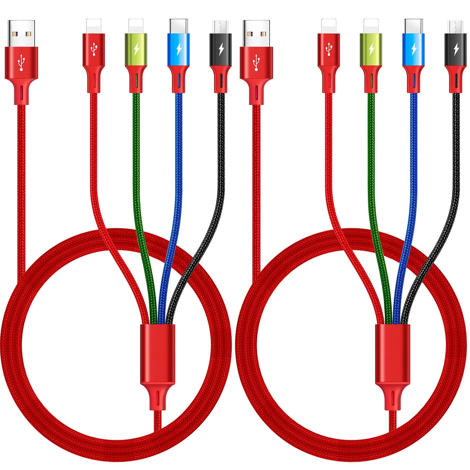 کابل شارژ چندگانه 3.5 آمپر، [2 عدد 1.8 متری] کابل شارژ چند منظوره بافته شده 4 در 1 با پورت های لایتنینگ/تایپ سی/میکرو برای تلفن های همراه/سری آیفون/سامسونگ گلکسی/PS/تبلت ها و غیره