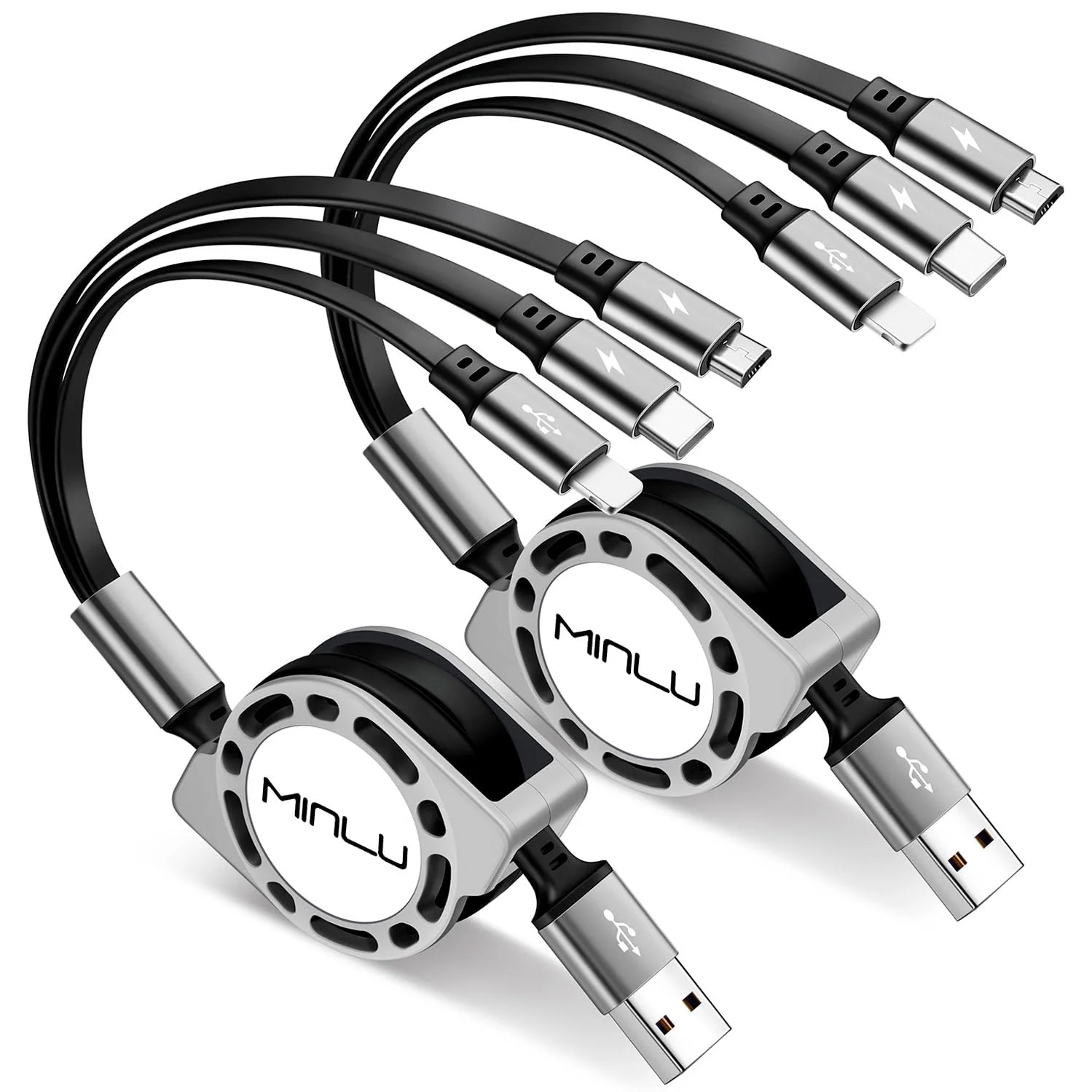 کابل شارژ چندگانه 3 آمپر، [2 عدد 1.2 متری] کابل شارژ چندگانه جمع شونده 3 در 1، آداپتور شارژر USB C با پورت های لایتنینگ/تایپ C/میکرو USB برای تلفن های همراه/آیفون/سامسونگ/PS/تبلت ها