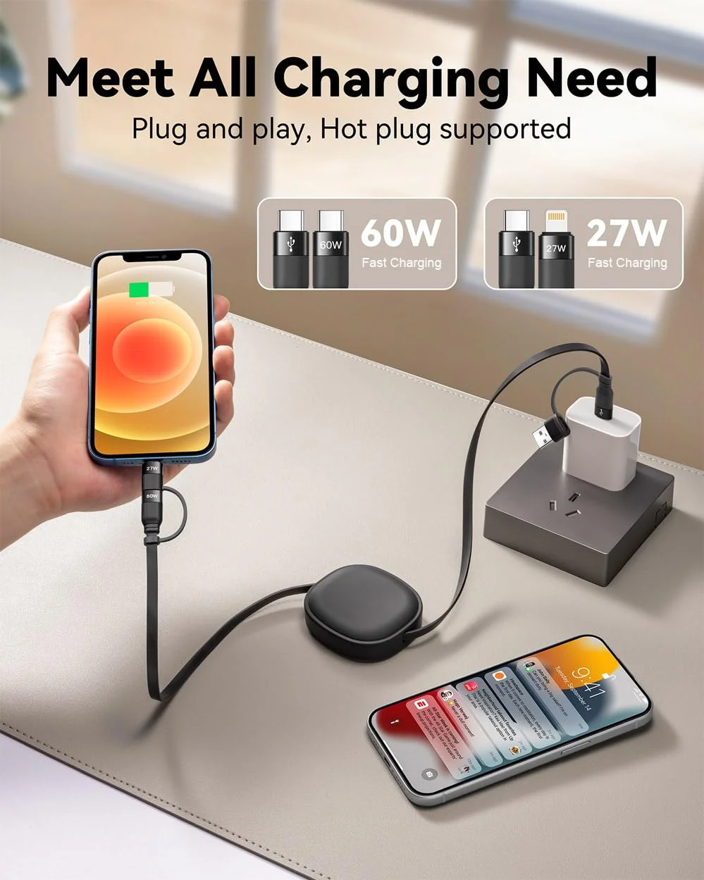 کابل شارژ چندگانه، 2 عدد کابل شارژ جمع شونده 5 در 1 لایتنینگ 60 واتی USB C به USB C با شارژ سریع، کابل چندگانه USBC شارژر چندگانه خودرو برای آیفون 17/16/15/14 پرو مکس، آیپد، سامسونگ S25 S24، تبلت ها