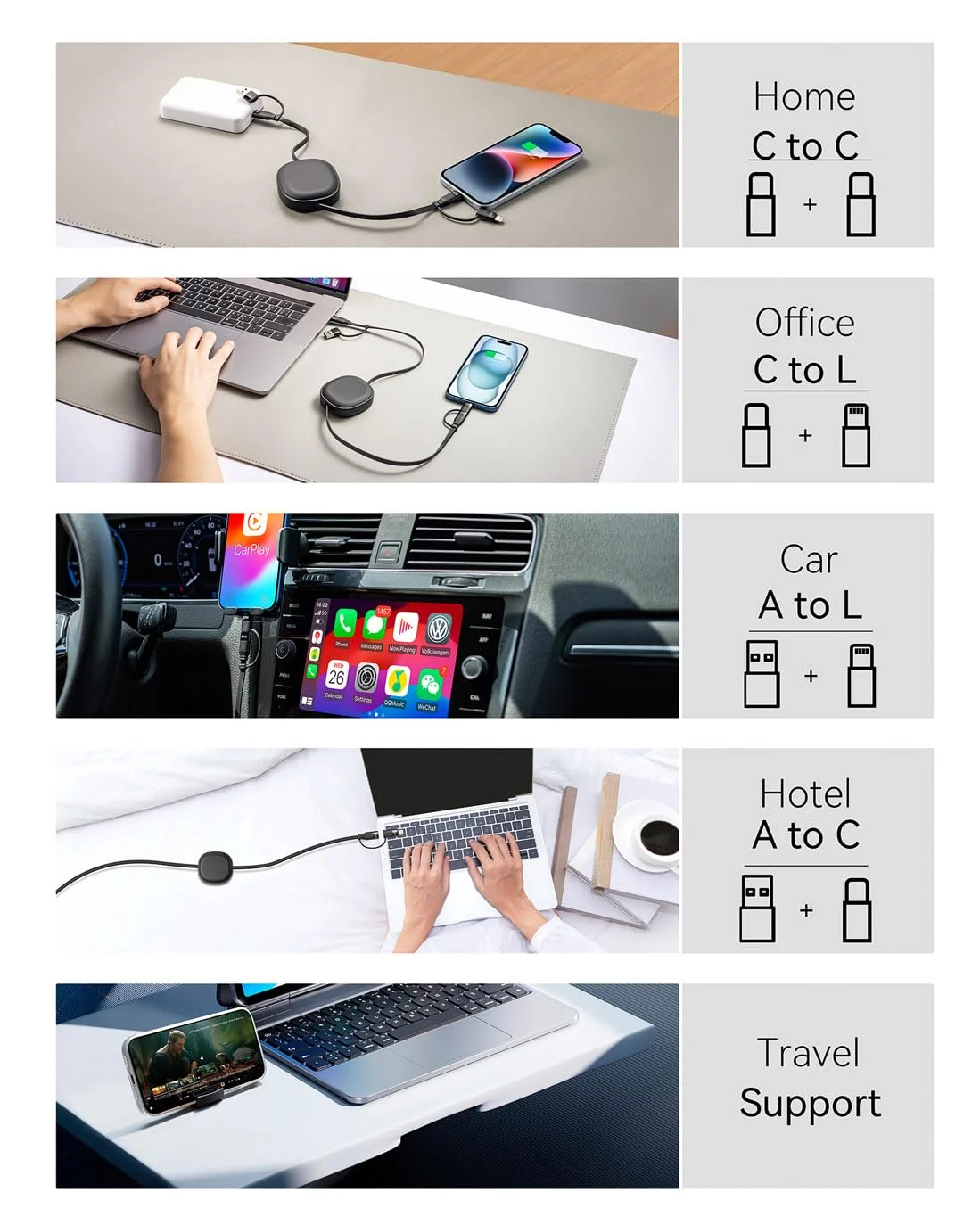 کابل شارژ چندگانه، 2 عدد کابل شارژ جمع شونده 5 در 1 لایتنینگ 60 واتی USB C به USB C با شارژ سریع، کابل چندگانه USBC شارژر چندگانه خودرو برای آیفون 17/16/15/14 پرو مکس، آیپد، سامسونگ S25 S24، تبلت ها